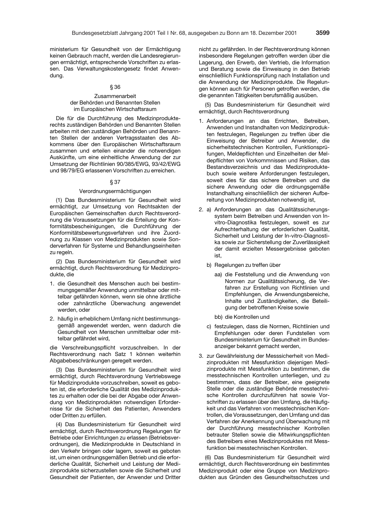BGBl. 2001, Seite 3599 — Originalseite als Abbildung