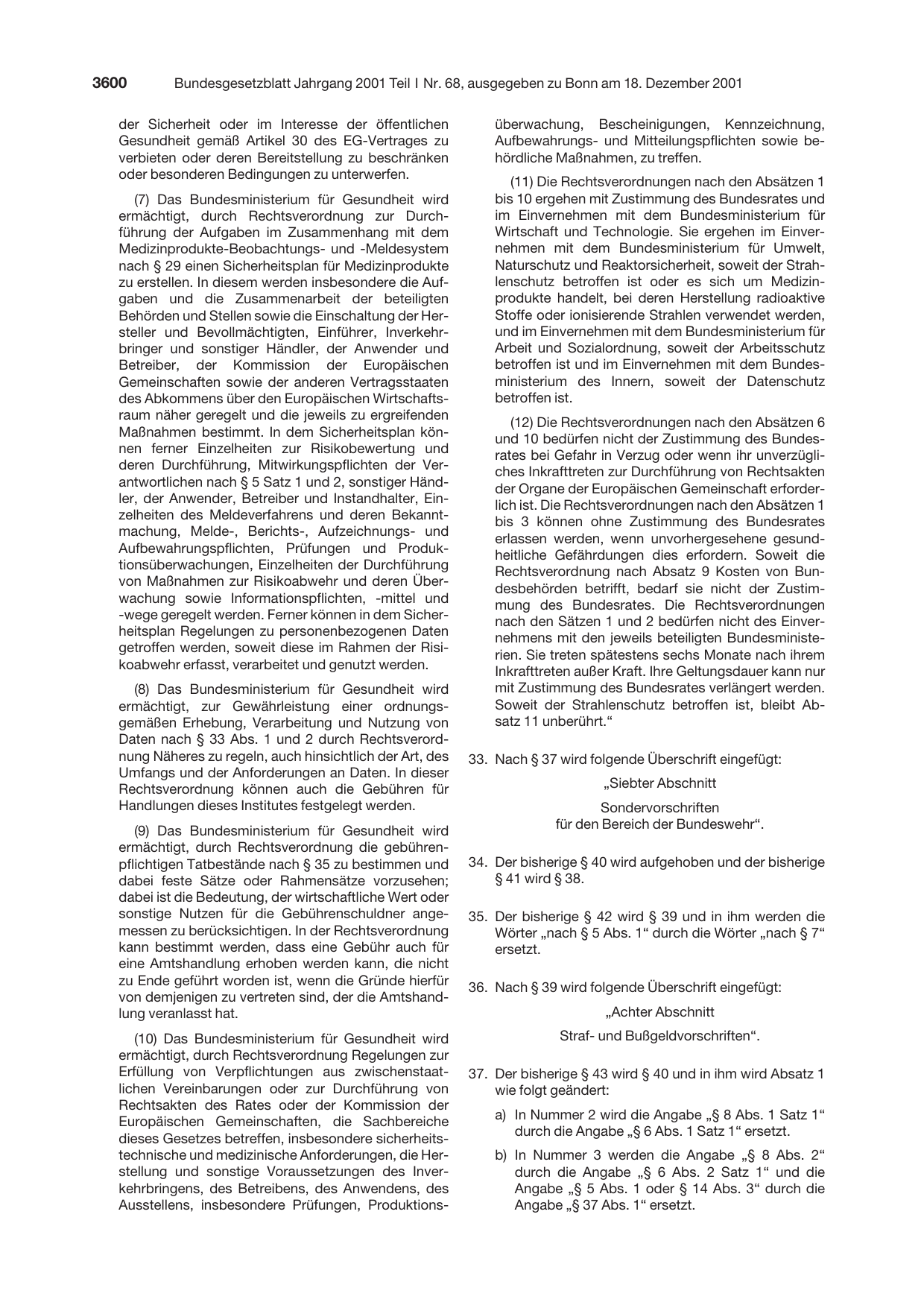 BGBl. 2001, Seite 3600 — Originalseite als Abbildung