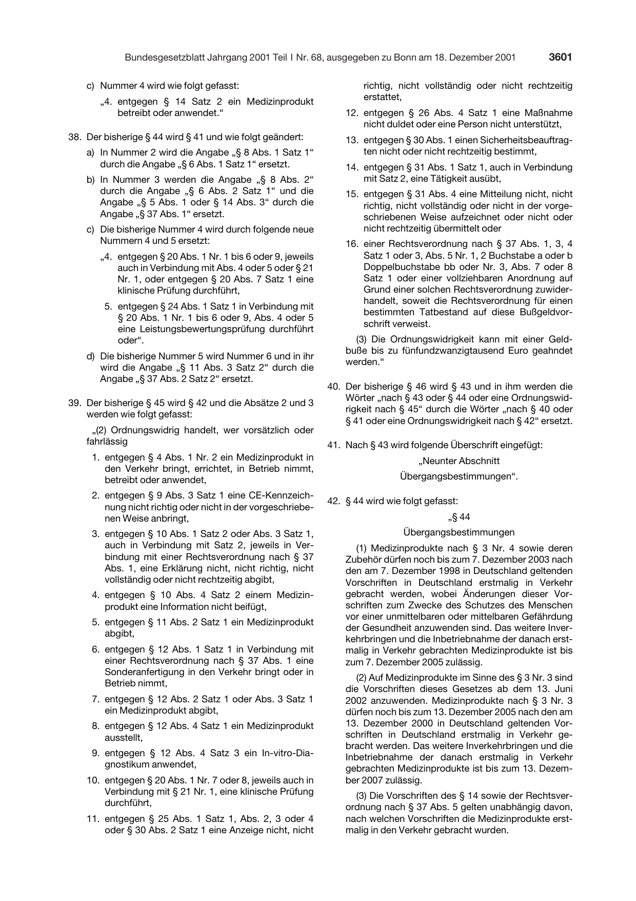 BGBl. 2001, Seite 3601 — Originalseite als Abbildung