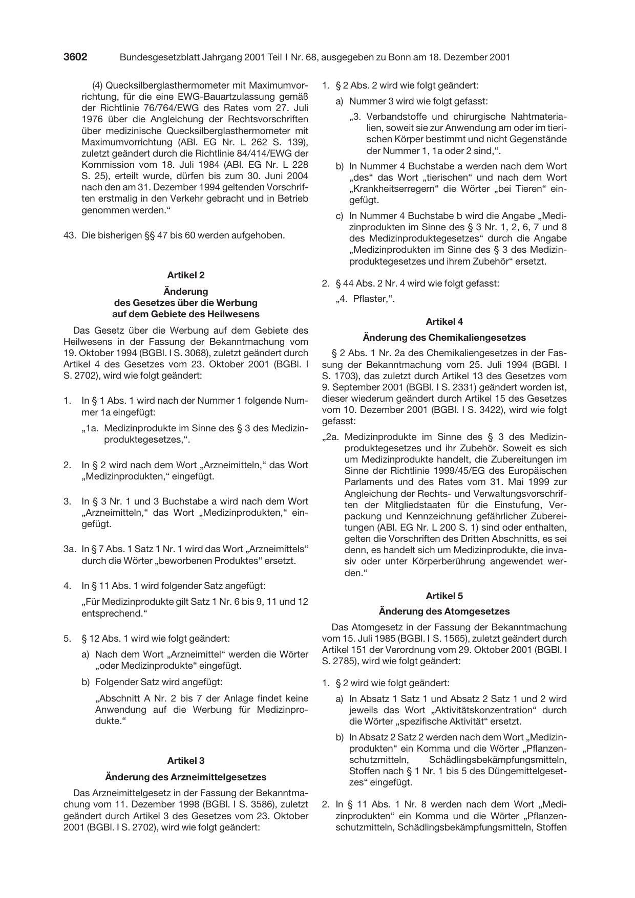 BGBl. 2001, Seite 3602 — Originalseite als Abbildung