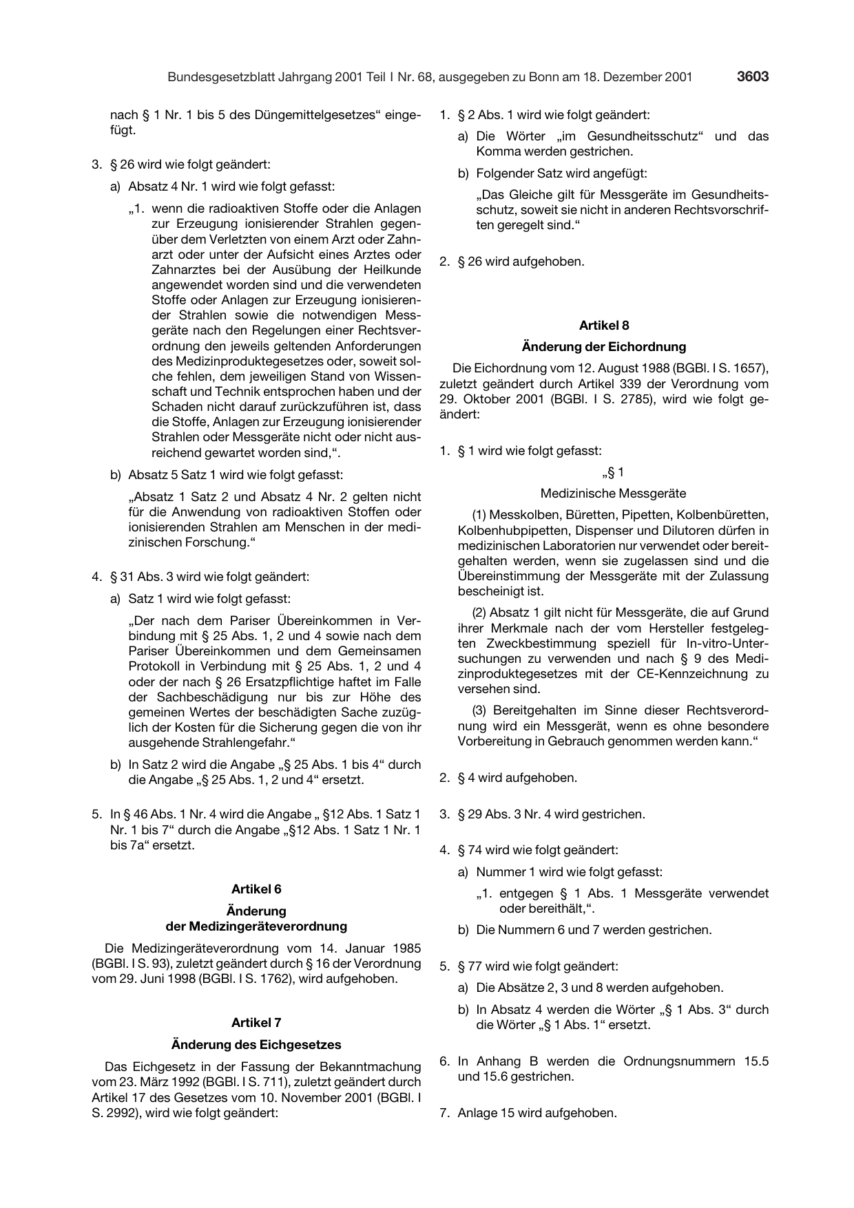 BGBl. 2001, Seite 3603 — Originalseite als Abbildung
