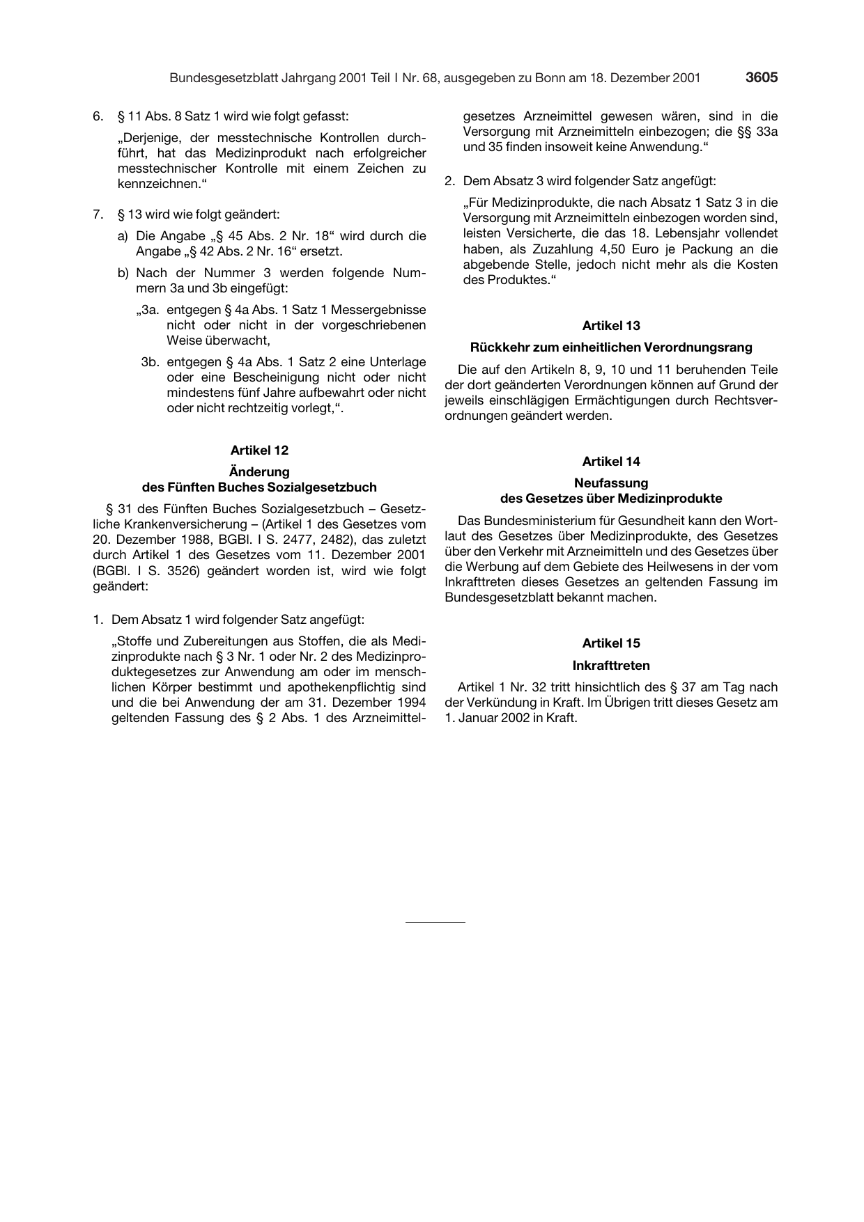 BGBl. 2001, Seite 3605 — Originalseite als Abbildung