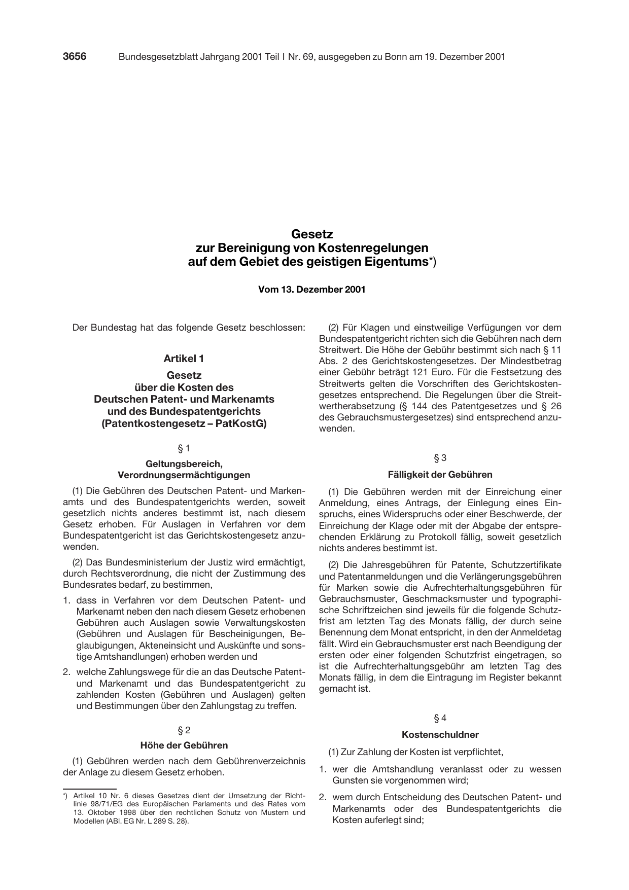 BGBl. 2001, Seite 3656 — Originalseite als Abbildung