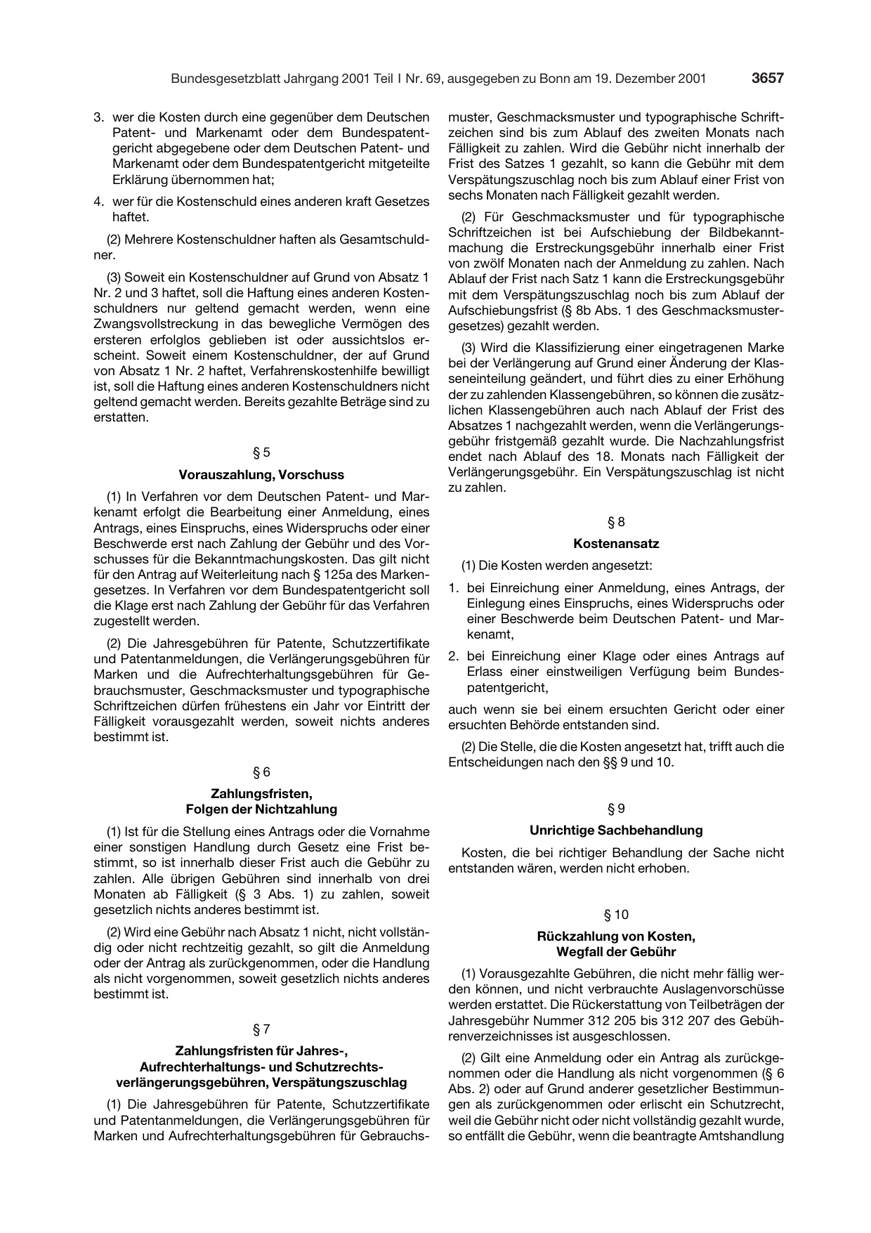 BGBl. 2001, Seite 3657 — Originalseite als Abbildung