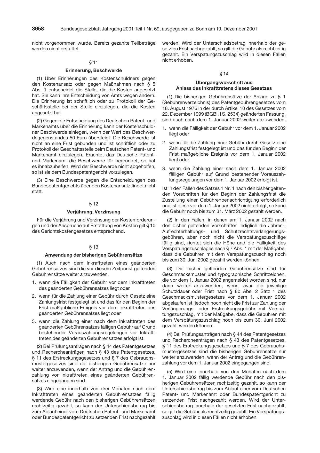 BGBl. 2001, Seite 3658 — Originalseite als Abbildung