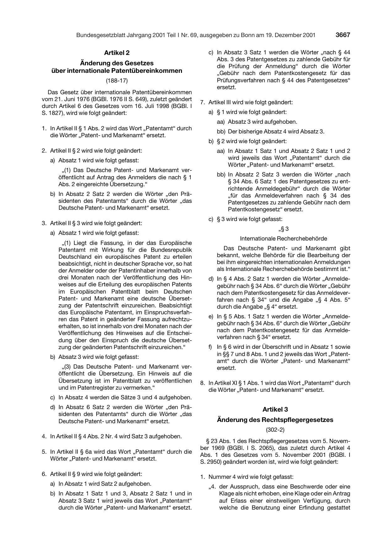 BGBl. 2001, Seite 3667 — Originalseite als Abbildung
