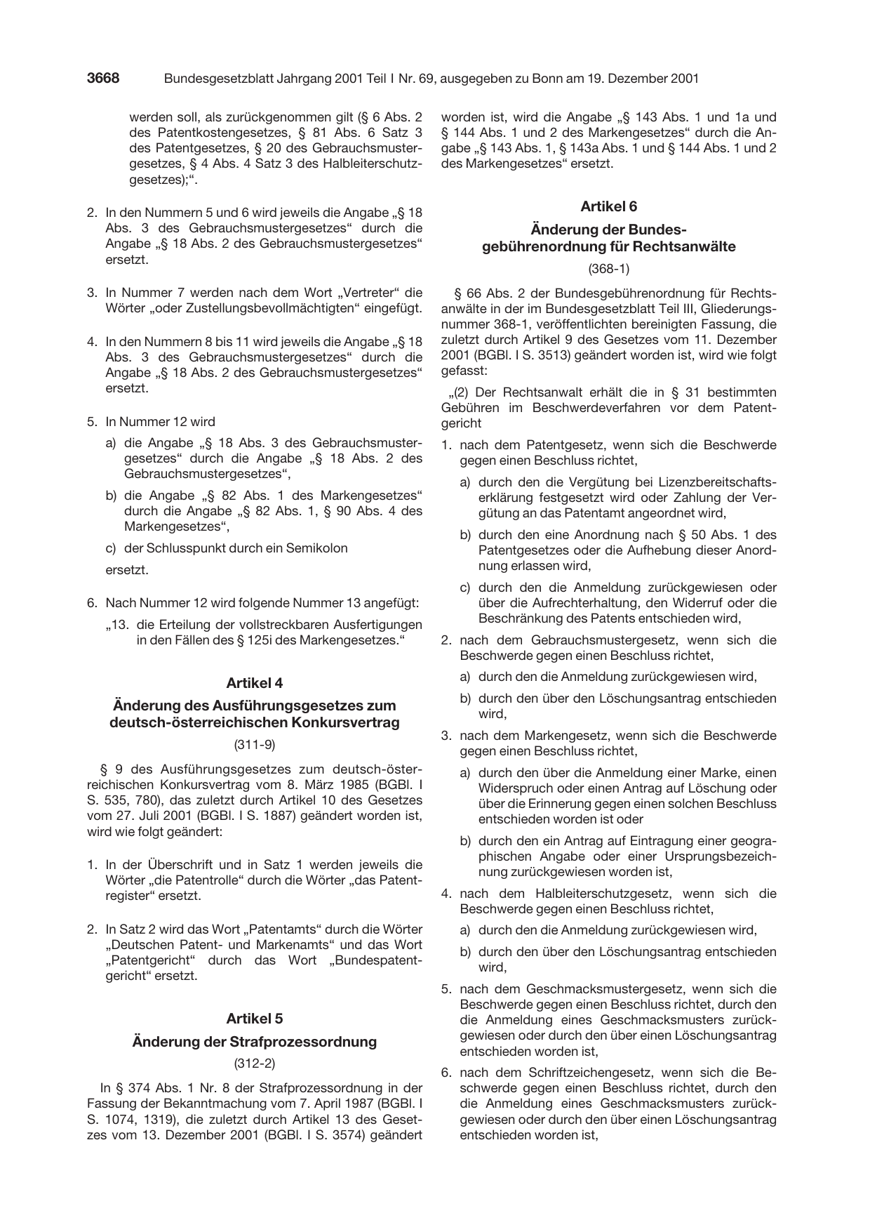 BGBl. 2001, Seite 3668 — Originalseite als Abbildung