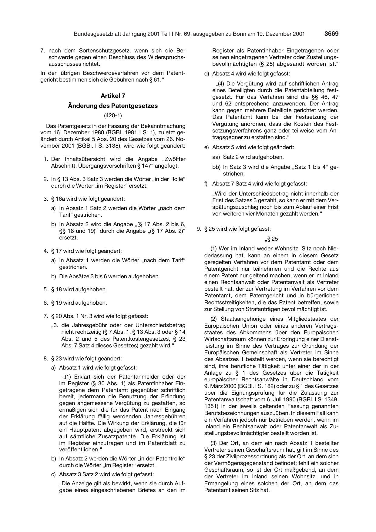 BGBl. 2001, Seite 3669 — Originalseite als Abbildung