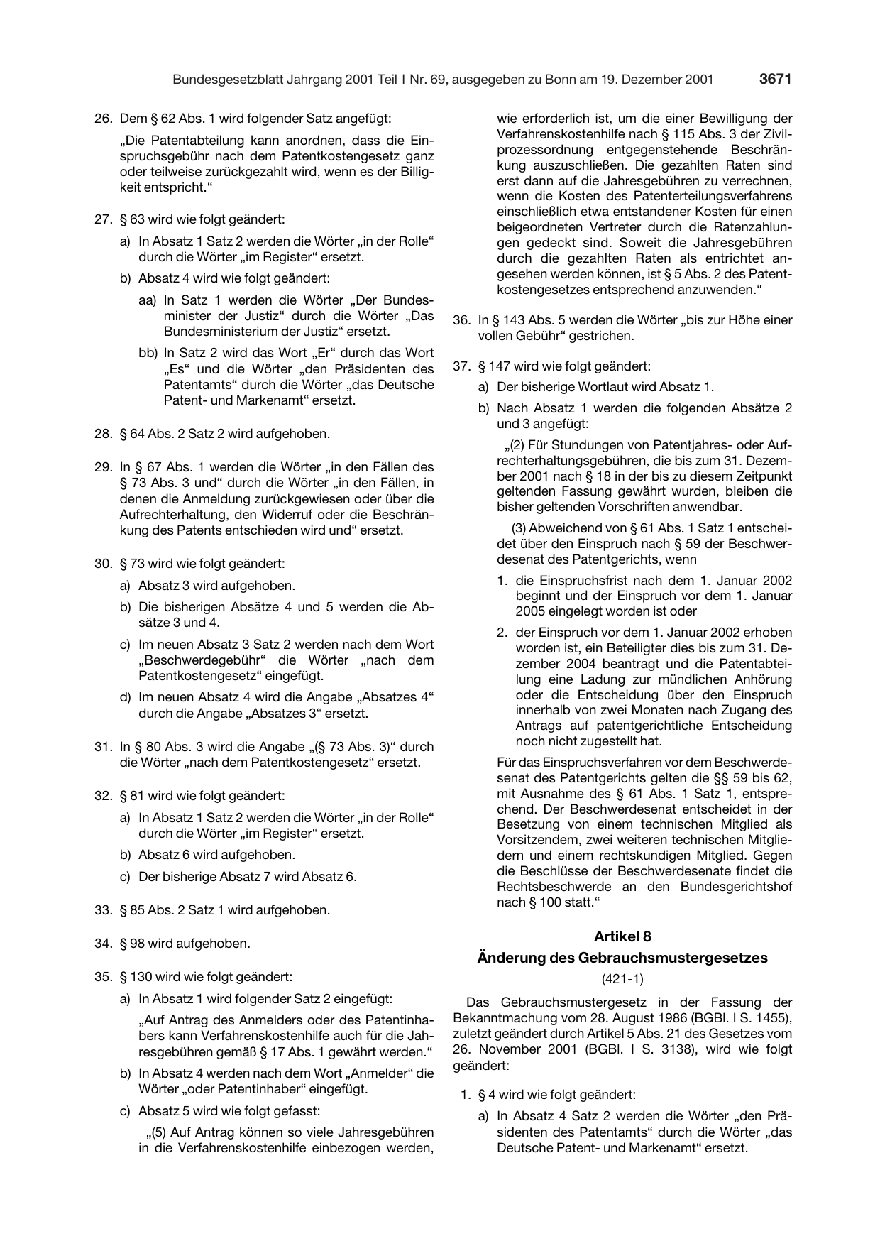 BGBl. 2001, Seite 3671 — Originalseite als Abbildung