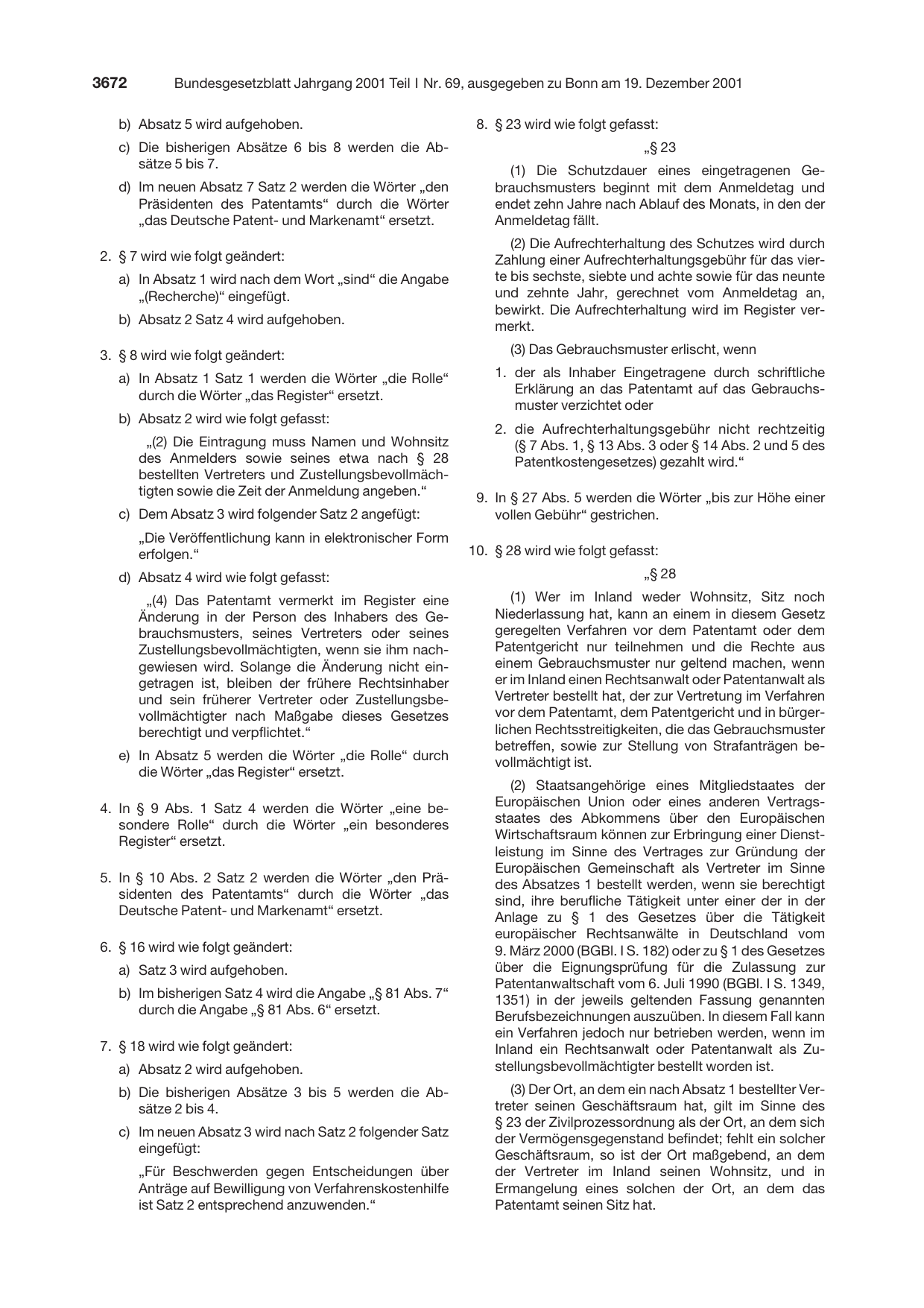 BGBl. 2001, Seite 3672 — Originalseite als Abbildung