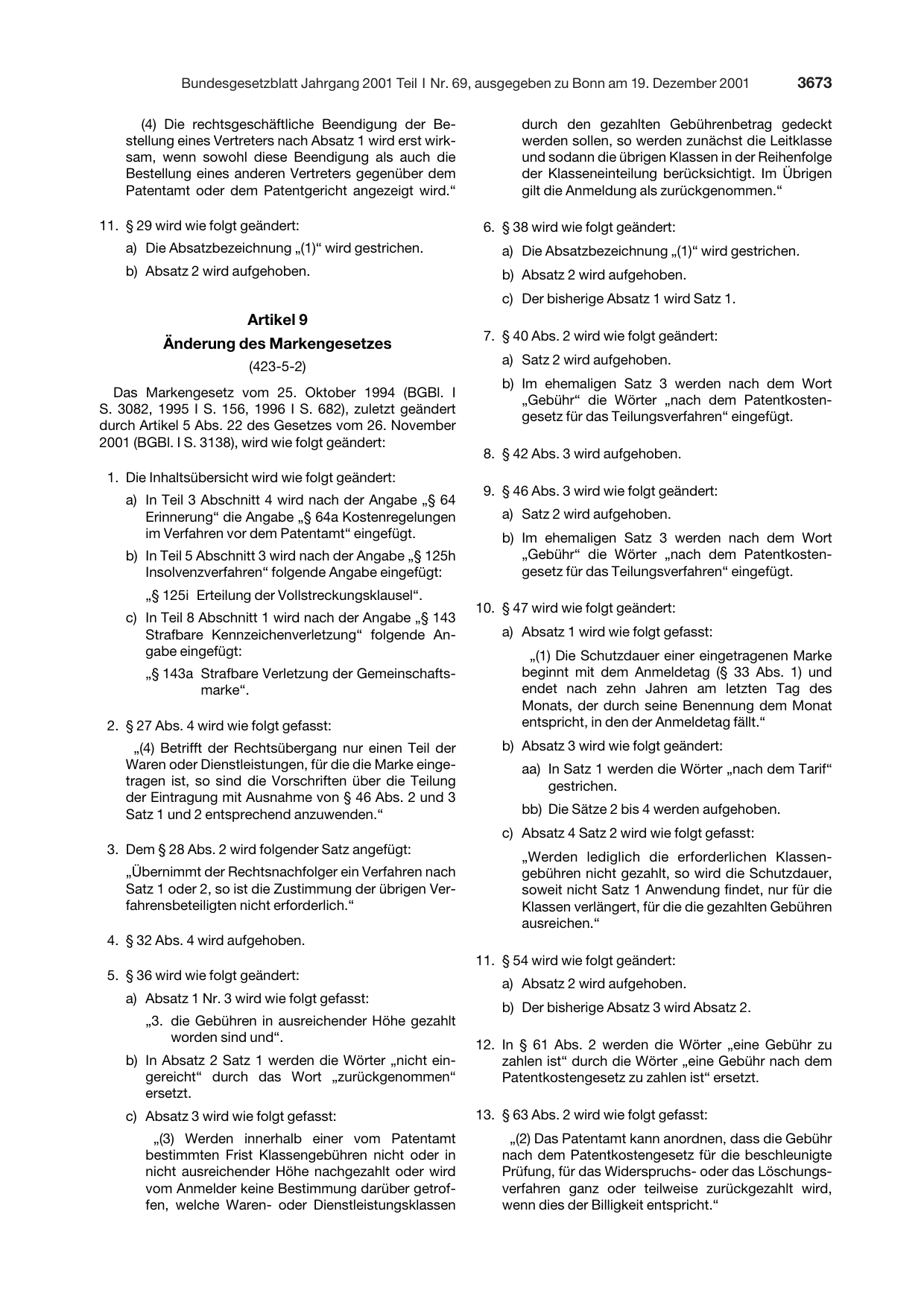 BGBl. 2001, Seite 3673 — Originalseite als Abbildung