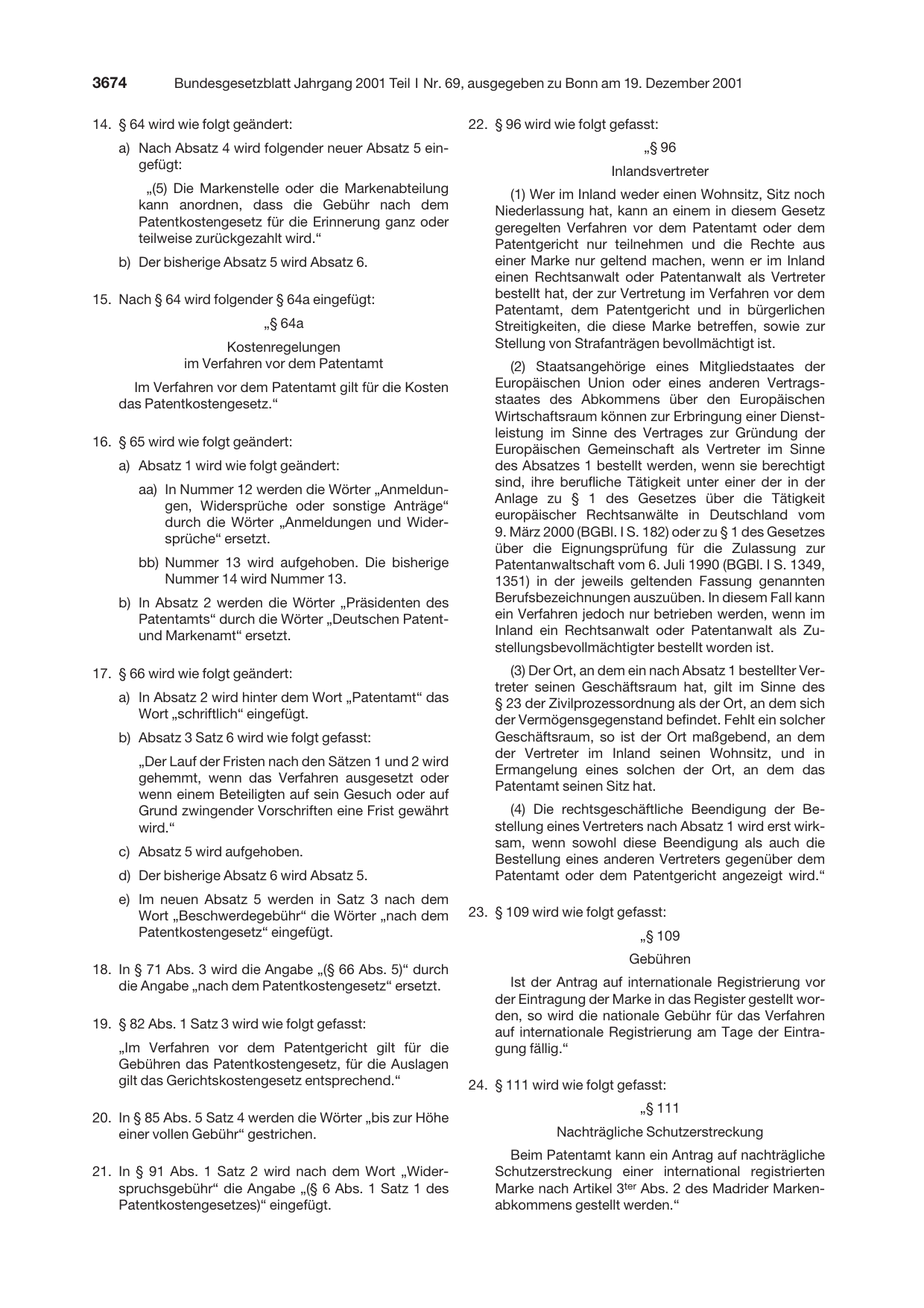 BGBl. 2001, Seite 3674 — Originalseite als Abbildung