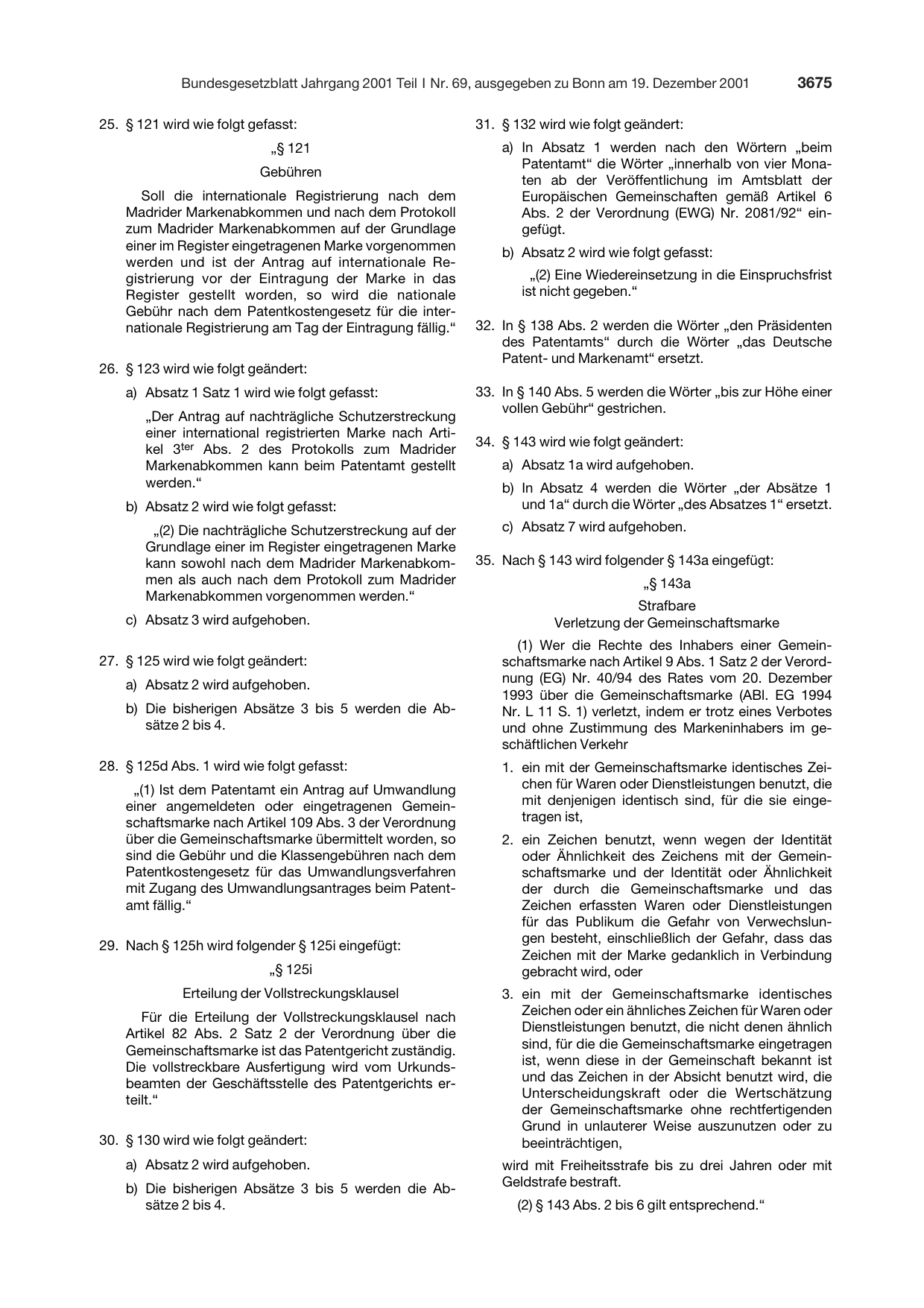 BGBl. 2001, Seite 3675 — Originalseite als Abbildung