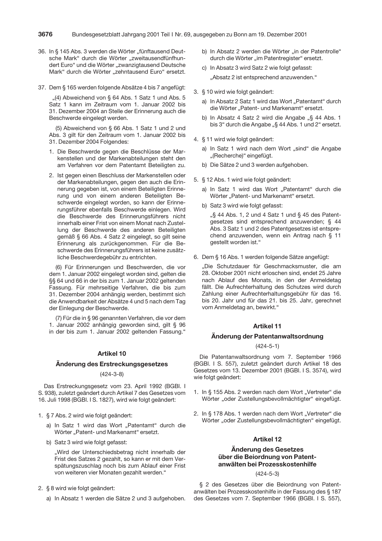 BGBl. 2001, Seite 3676 — Originalseite als Abbildung
