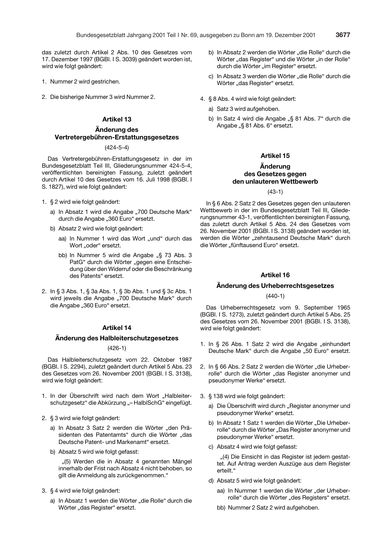 BGBl. 2001, Seite 3677 — Originalseite als Abbildung