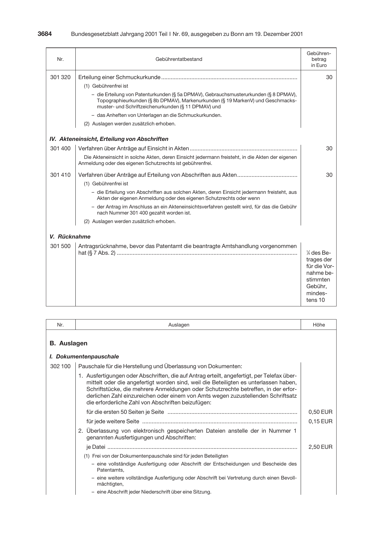 BGBl. 2001, Seite 3684 — Originalseite als Abbildung