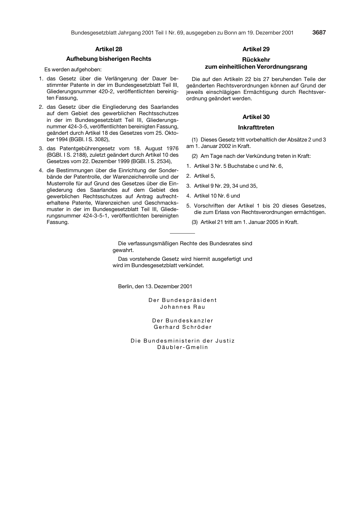 BGBl. 2001, Seite 3687 — Originalseite als Abbildung
