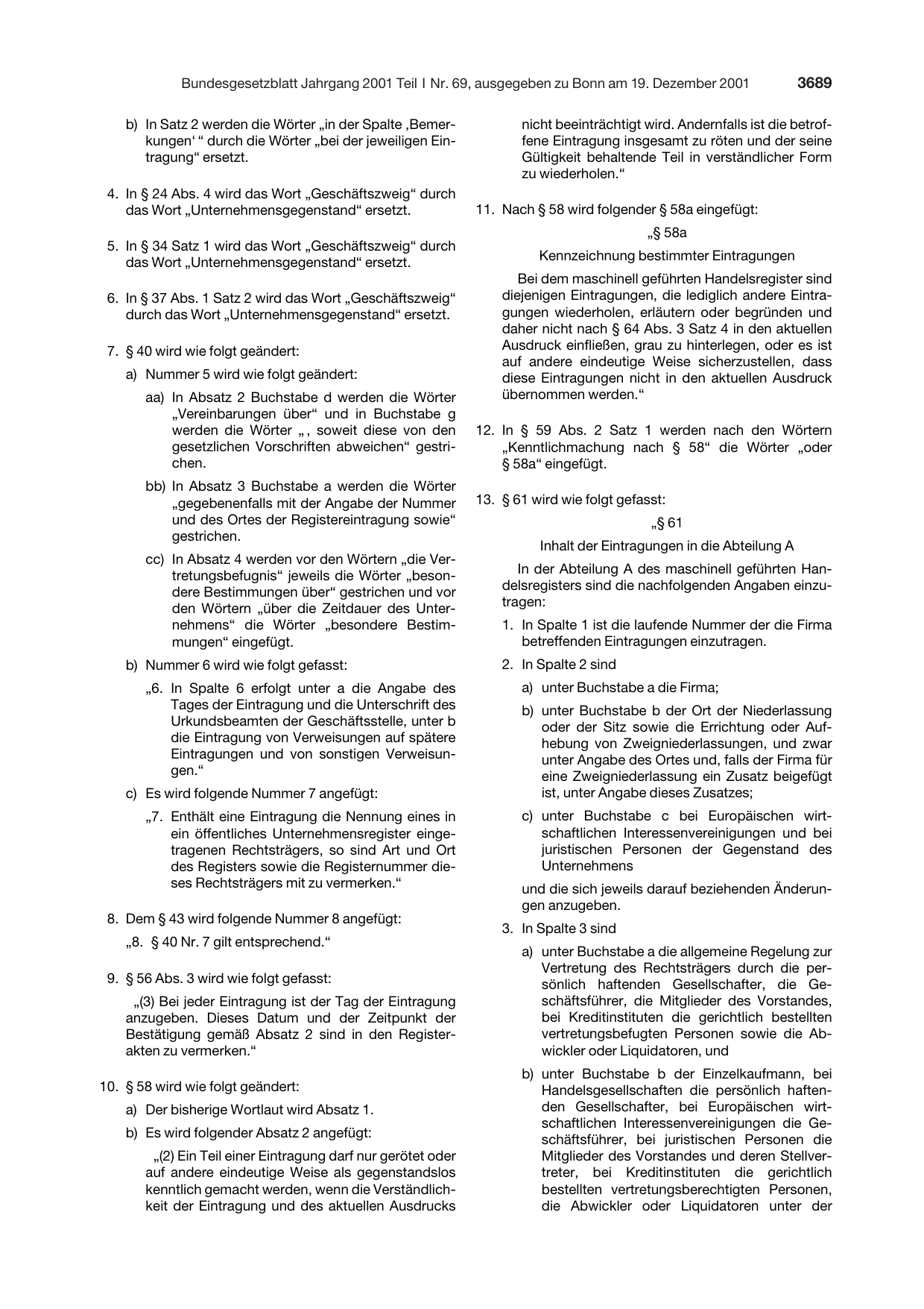 BGBl. 2001, Seite 3689 — Originalseite als Abbildung