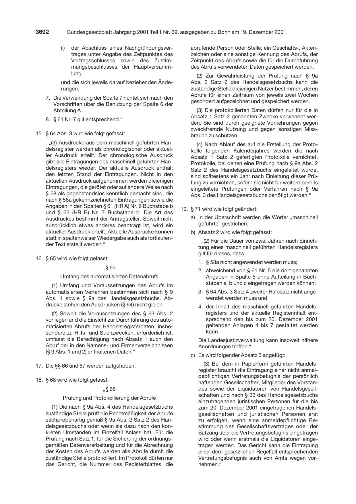 BGBl. 2001, Seite 3692 — Originalseite als Abbildung
