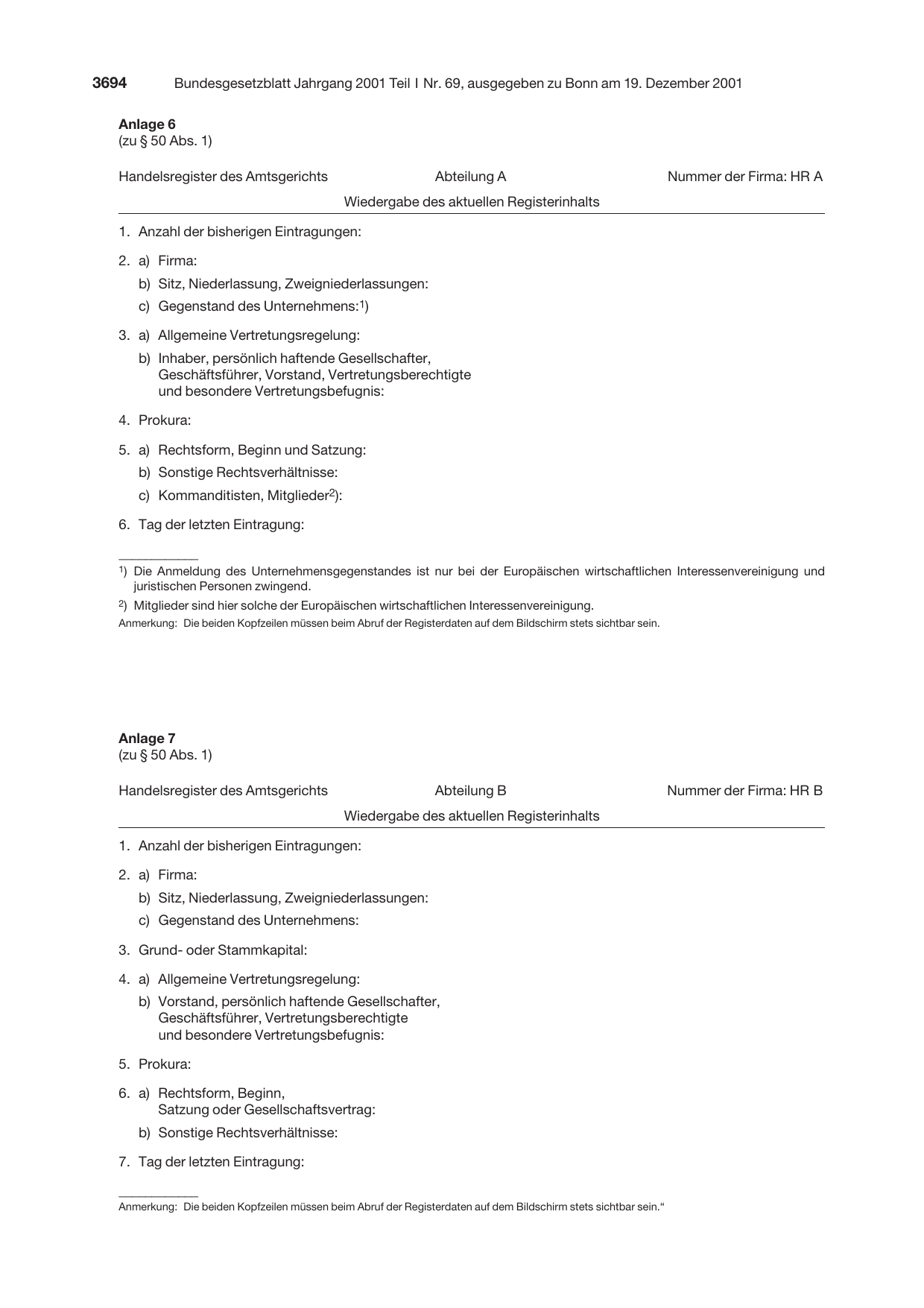 BGBl. 2001, Seite 3694 — Originalseite als Abbildung