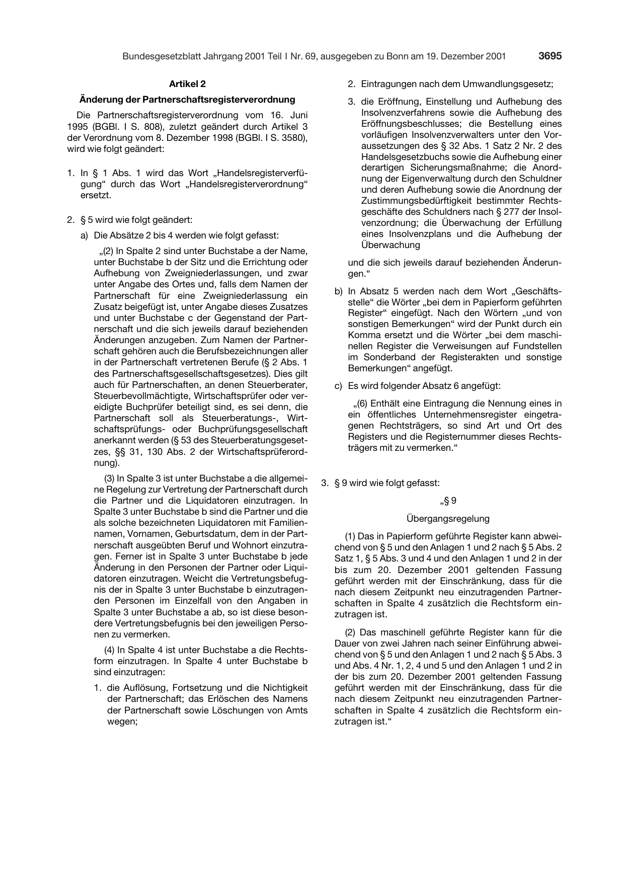 BGBl. 2001, Seite 3695 — Originalseite als Abbildung