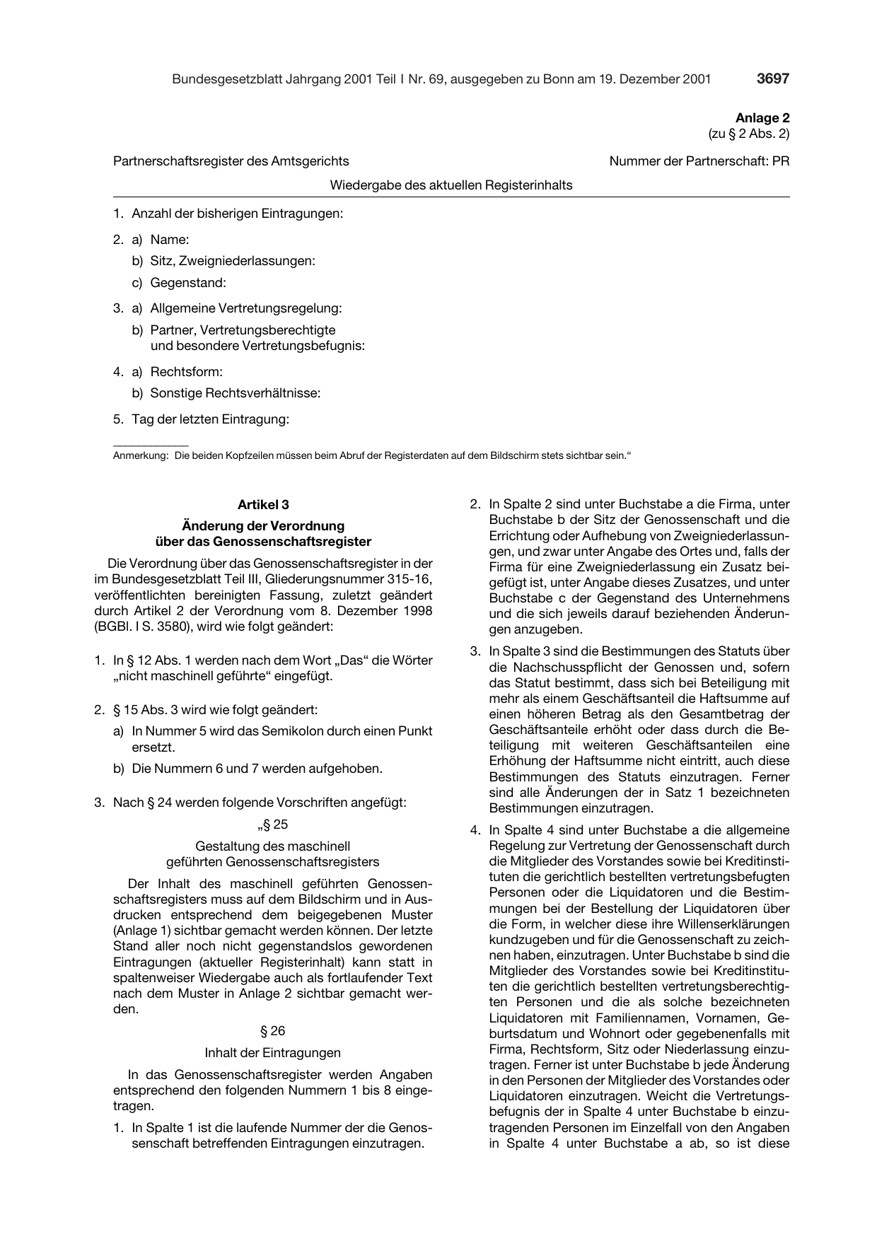 BGBl. 2001, Seite 3697 — Originalseite als Abbildung