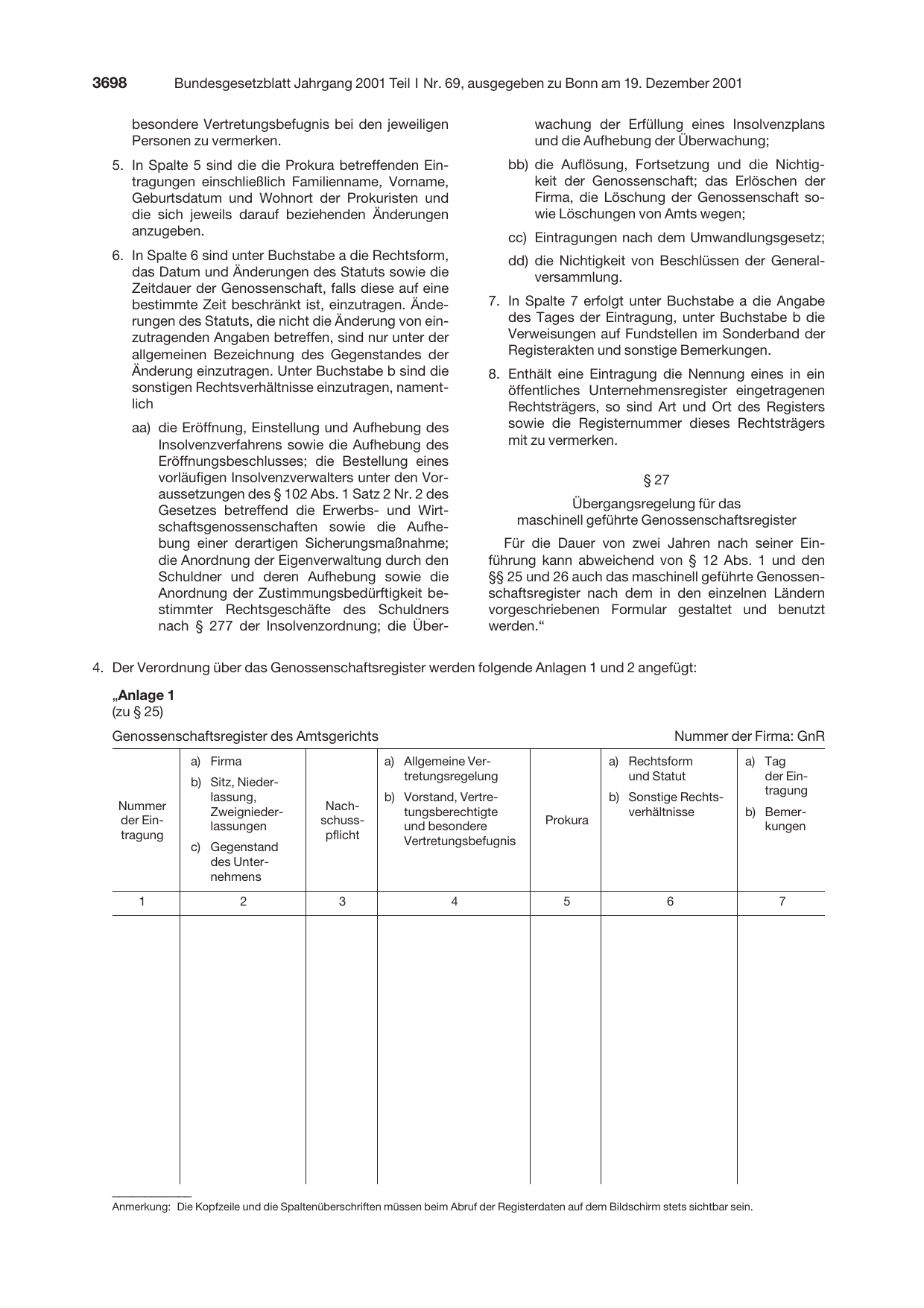 BGBl. 2001, Seite 3698 — Originalseite als Abbildung