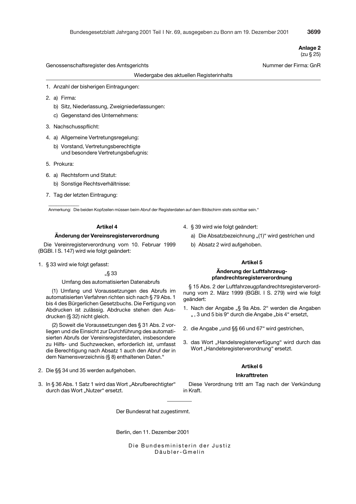 BGBl. 2001, Seite 3699 — Originalseite als Abbildung