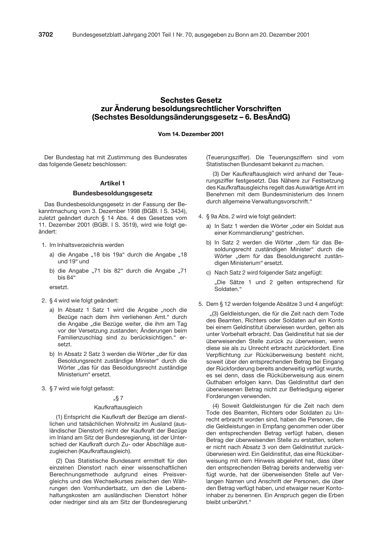 BGBl. 2001, Seite 3702 — Originalseite als Abbildung