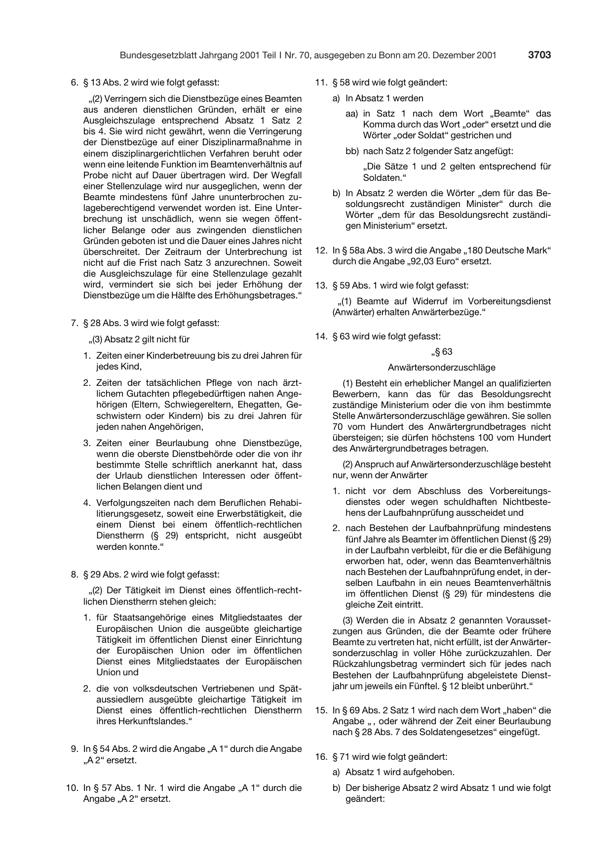 BGBl. 2001, Seite 3703 — Originalseite als Abbildung
