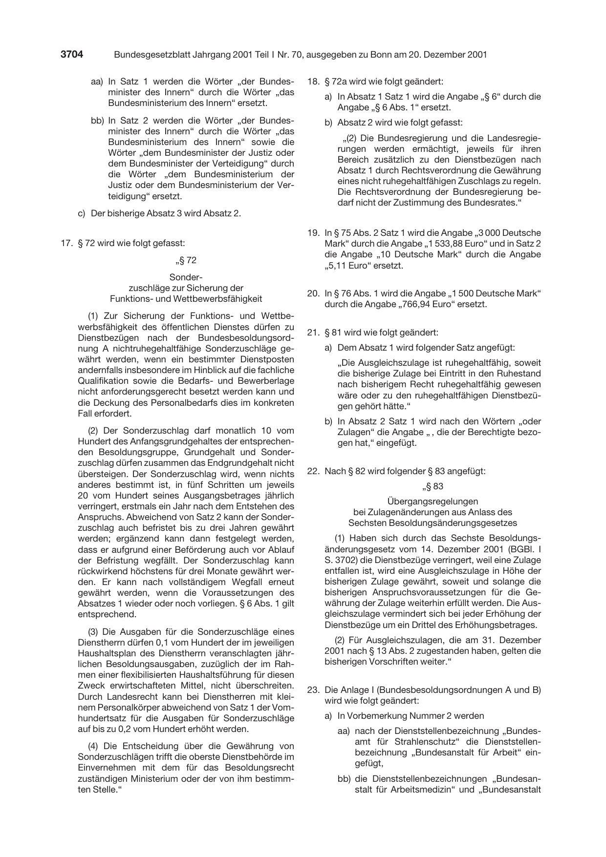 BGBl. 2001, Seite 3704 — Originalseite als Abbildung