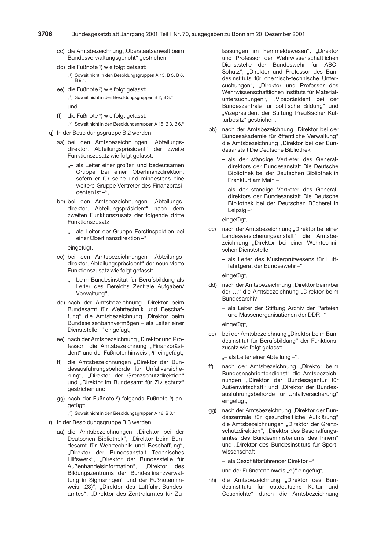 BGBl. 2001, Seite 3706 — Originalseite als Abbildung