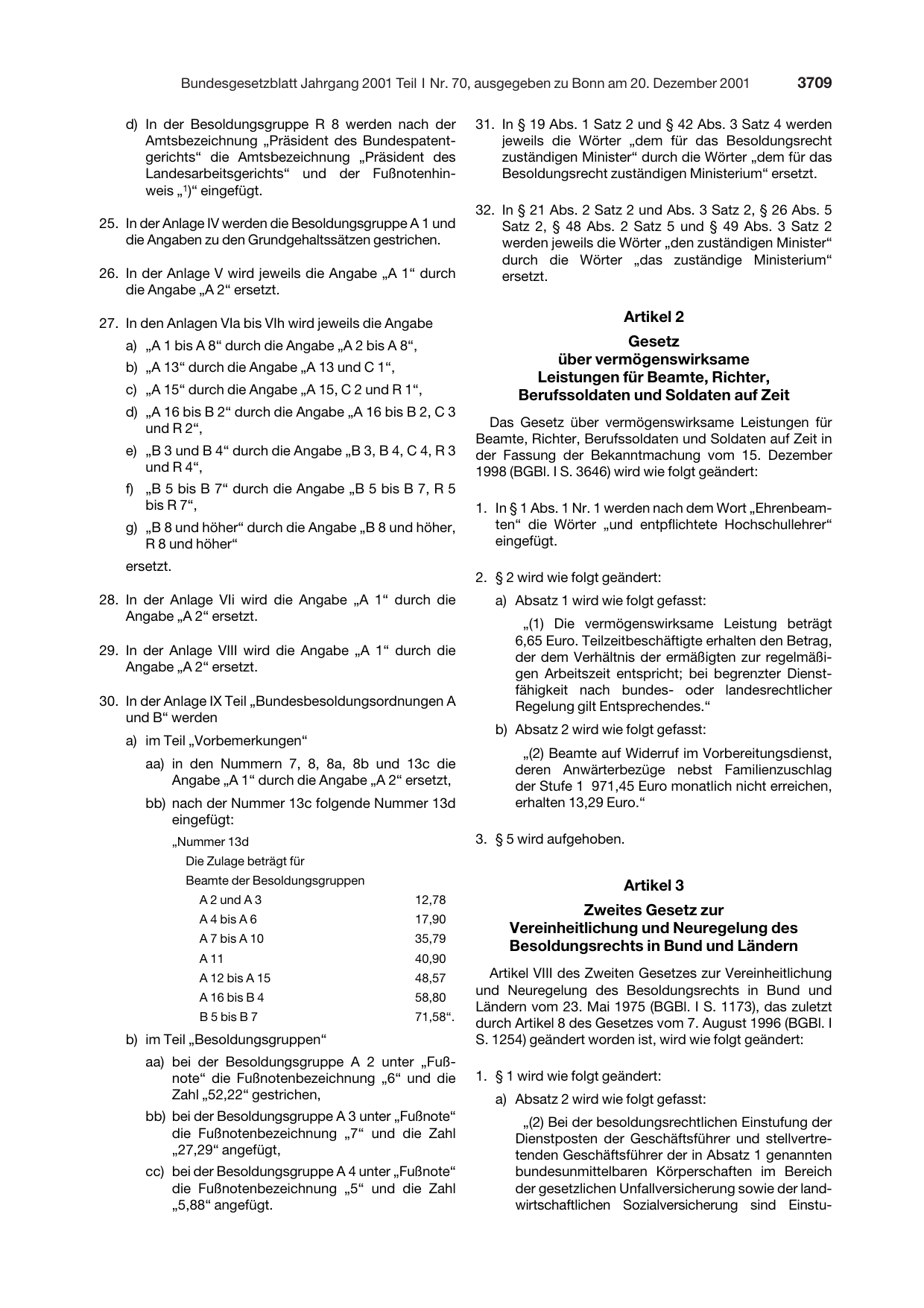 BGBl. 2001, Seite 3709 — Originalseite als Abbildung