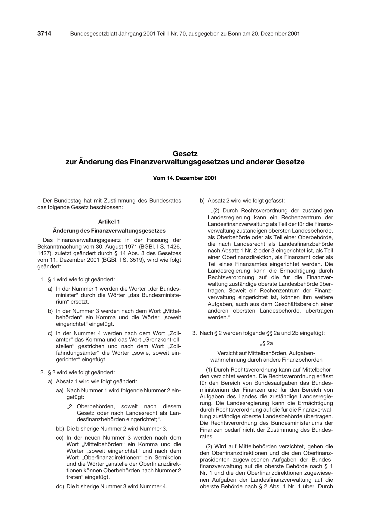 BGBl. 2001, Seite 3714 — Originalseite als Abbildung