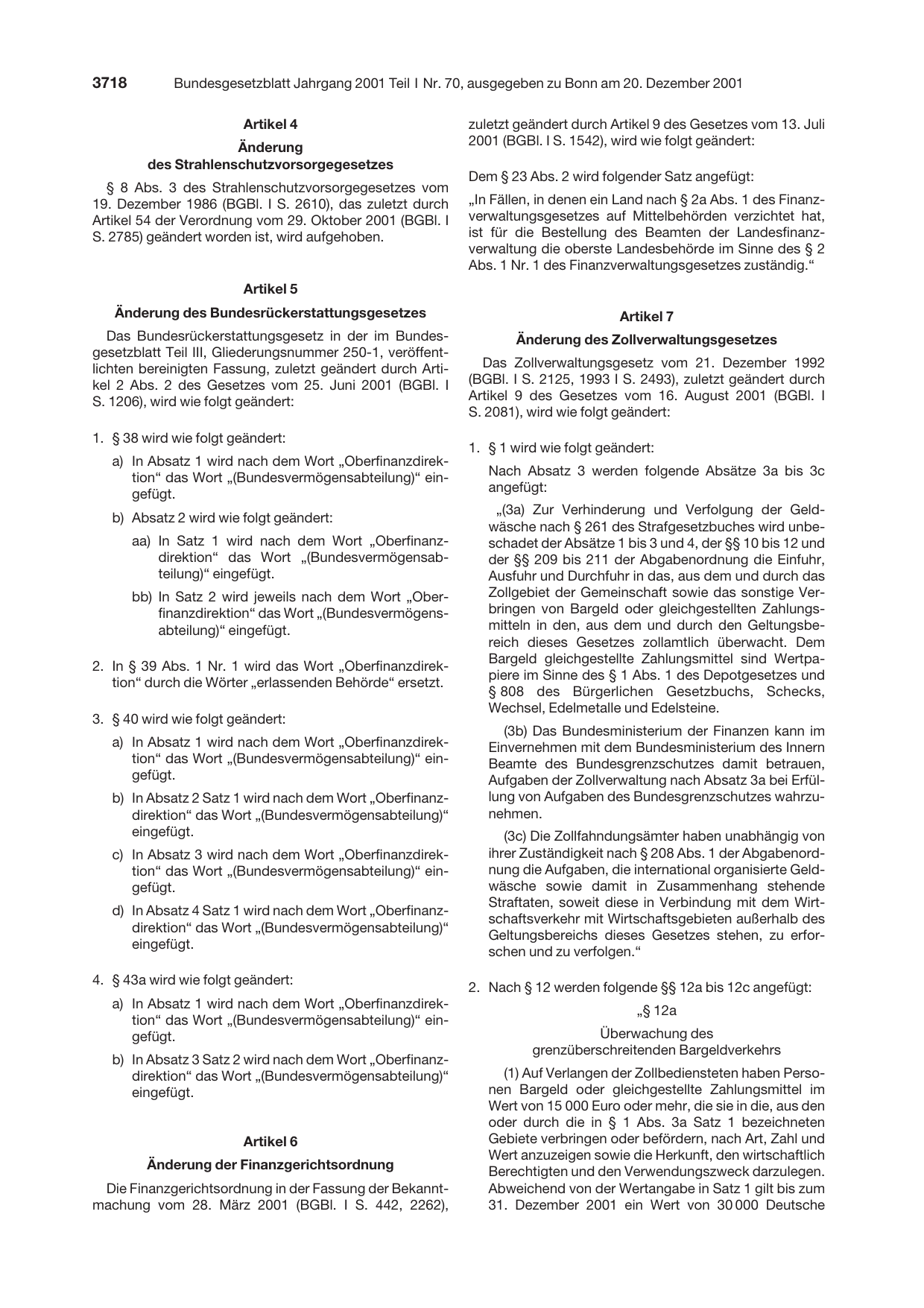 BGBl. 2001, Seite 3718 — Originalseite als Abbildung