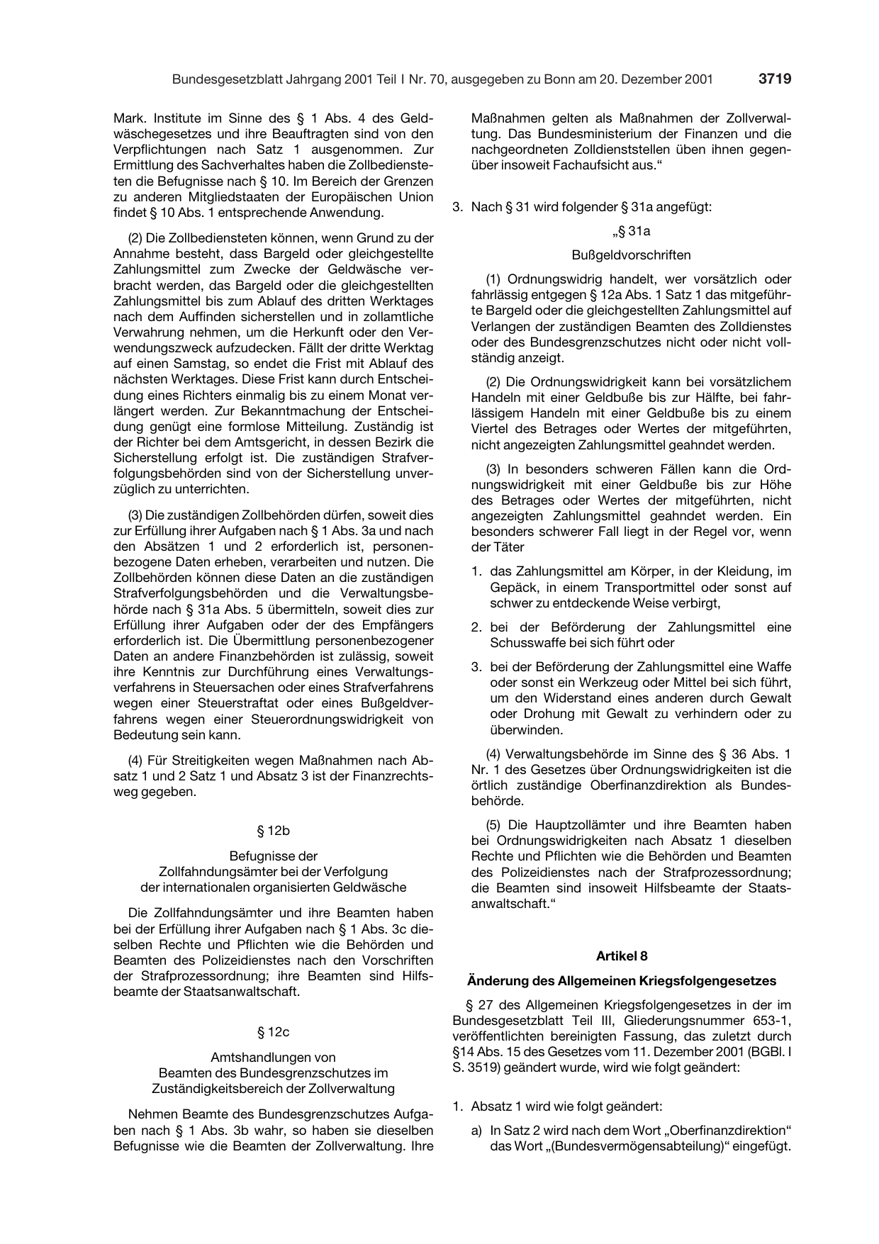 BGBl. 2001, Seite 3719 — Originalseite als Abbildung