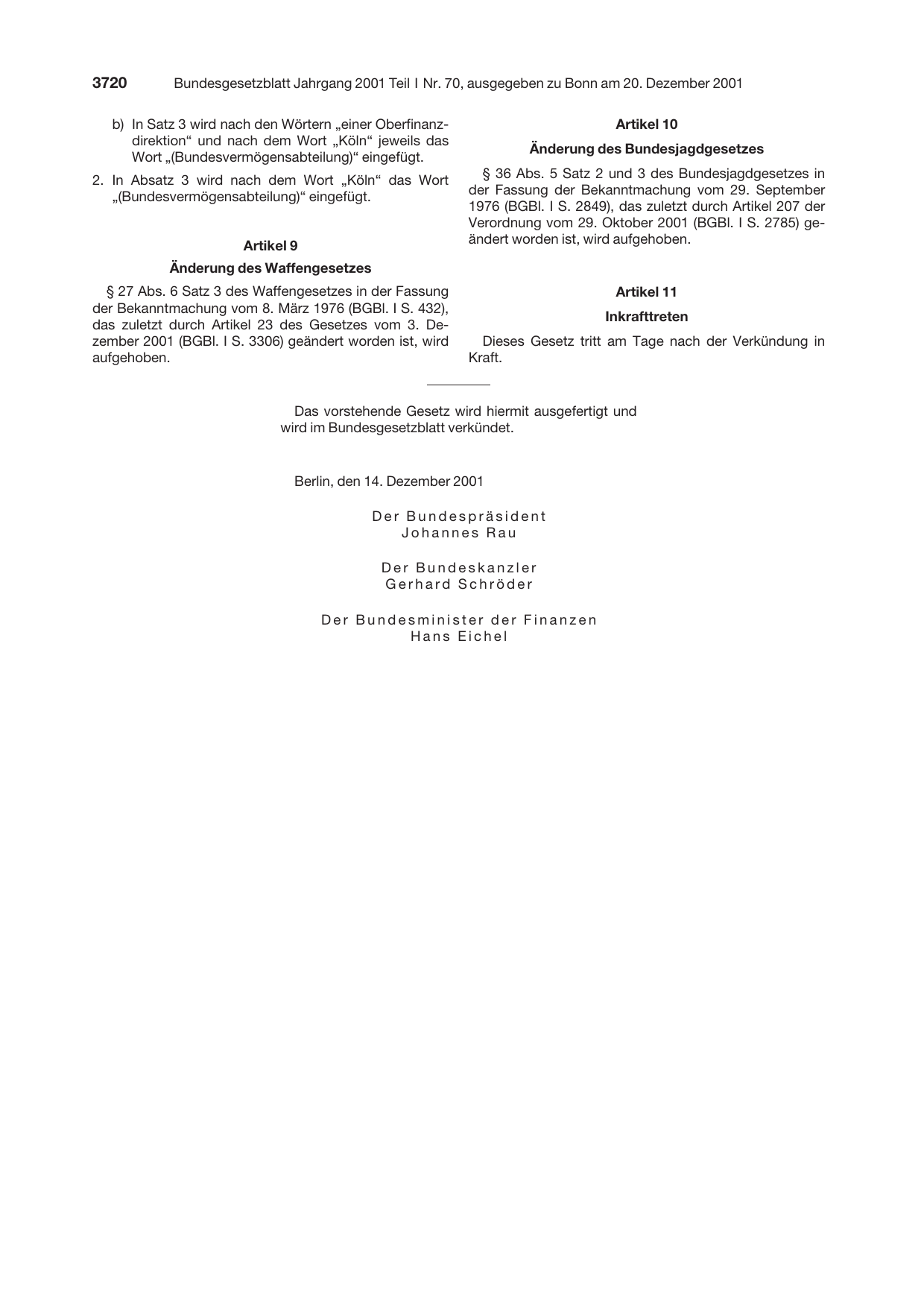 BGBl. 2001, Seite 3720 — Originalseite als Abbildung
