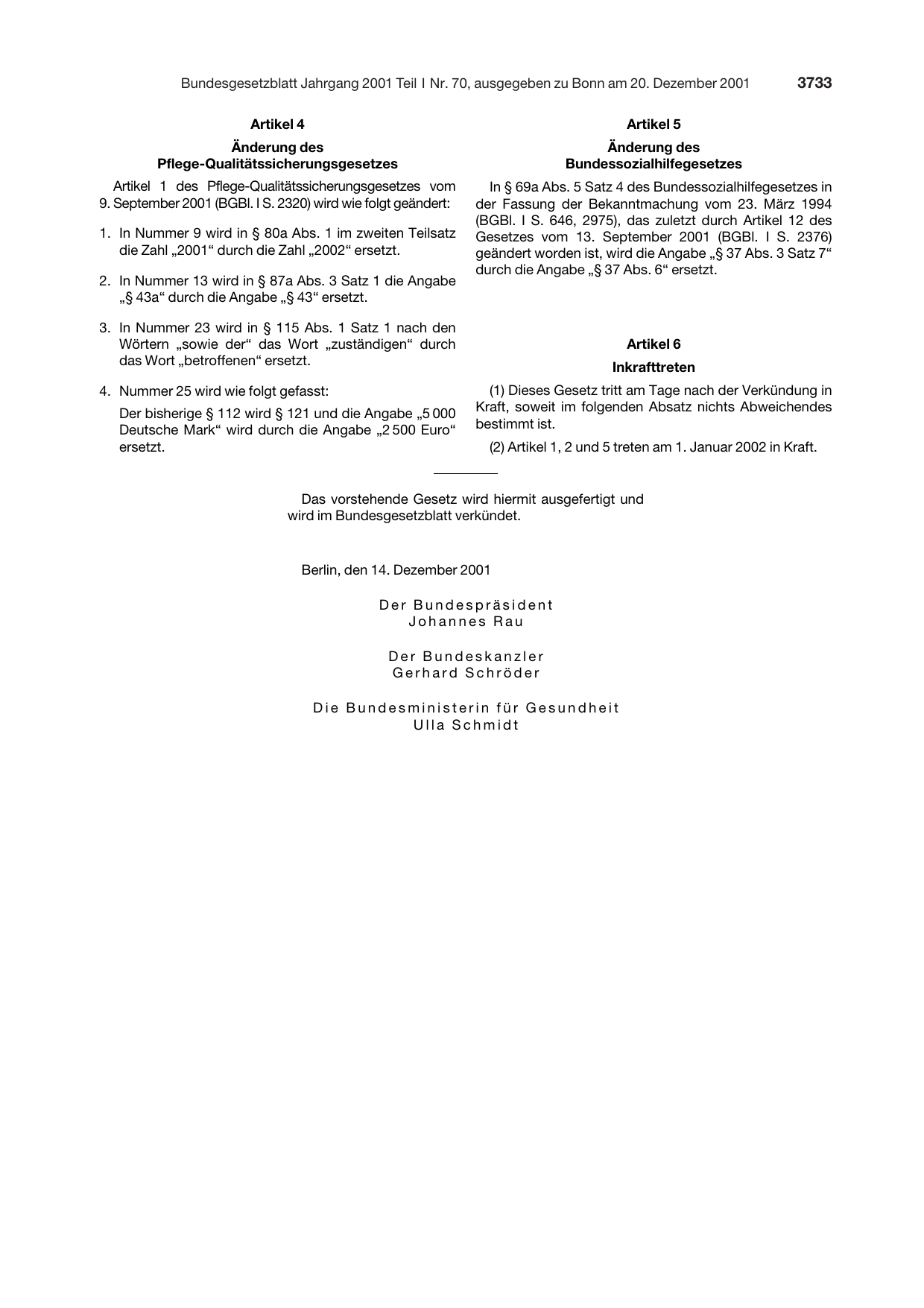 BGBl. 2001, Seite 3733 — Originalseite als Abbildung