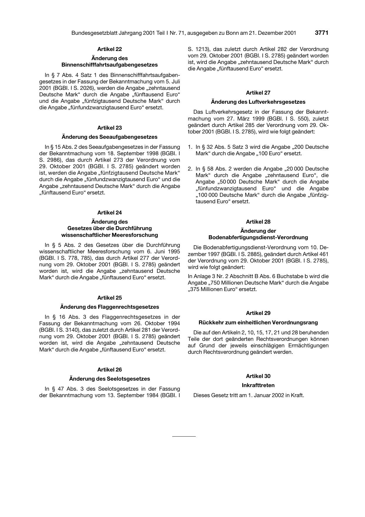 BGBl. 2001, Seite 3771 — Originalseite als Abbildung
