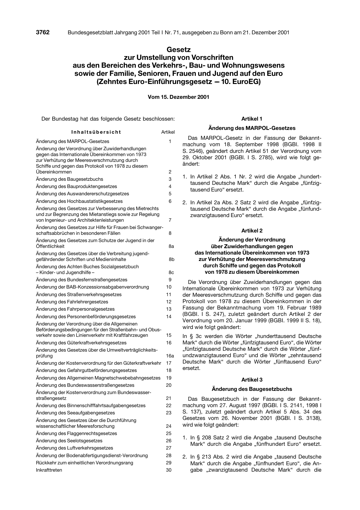 BGBl. 2001, Seite 3762 — Originalseite als Abbildung