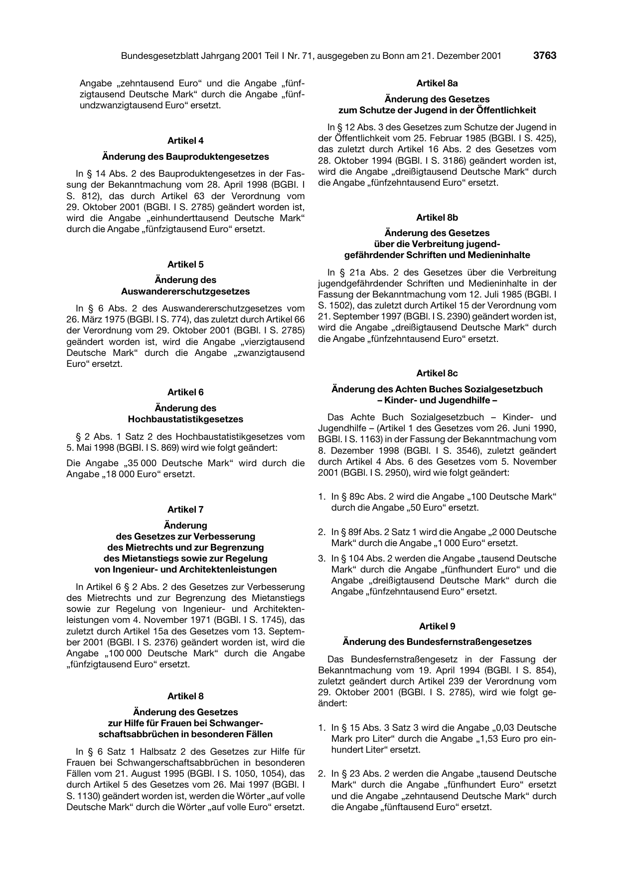 BGBl. 2001, Seite 3763 — Originalseite als Abbildung