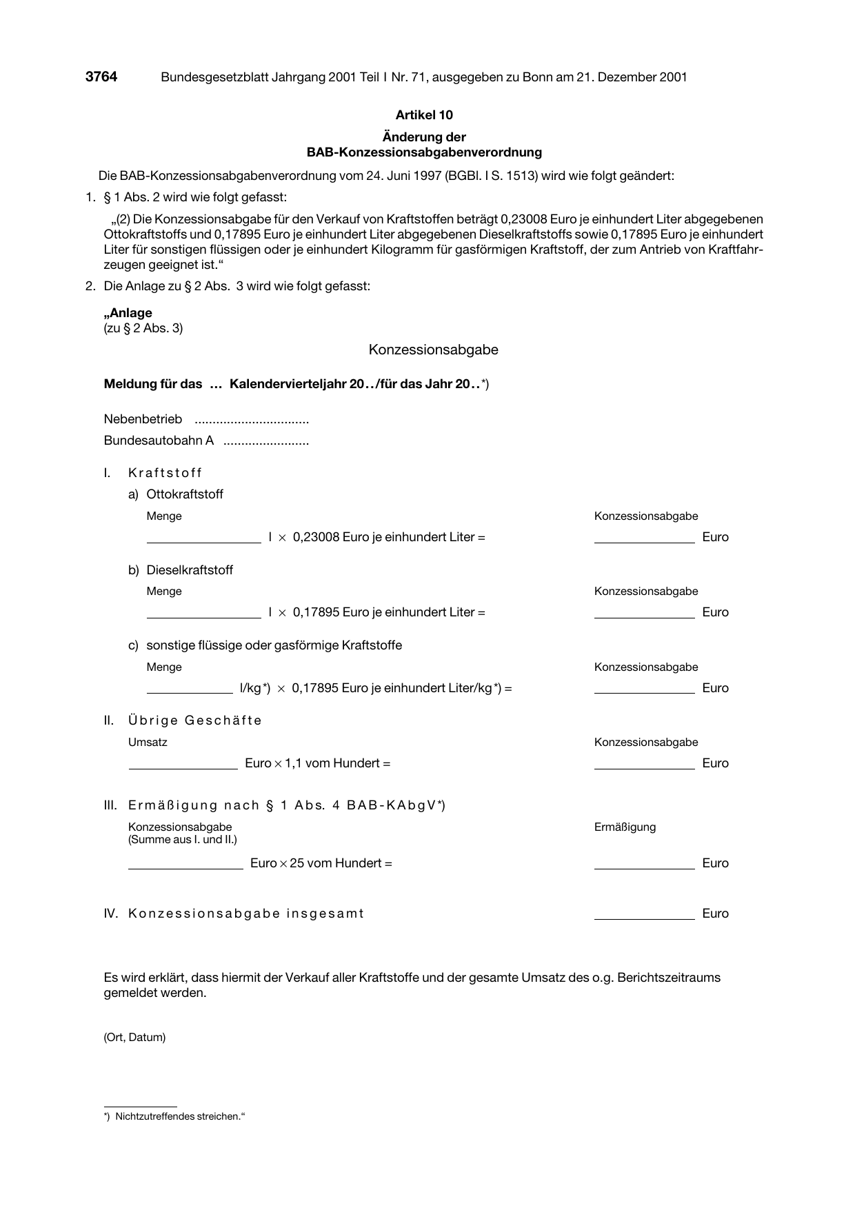 BGBl. 2001, Seite 3764 — Originalseite als Abbildung