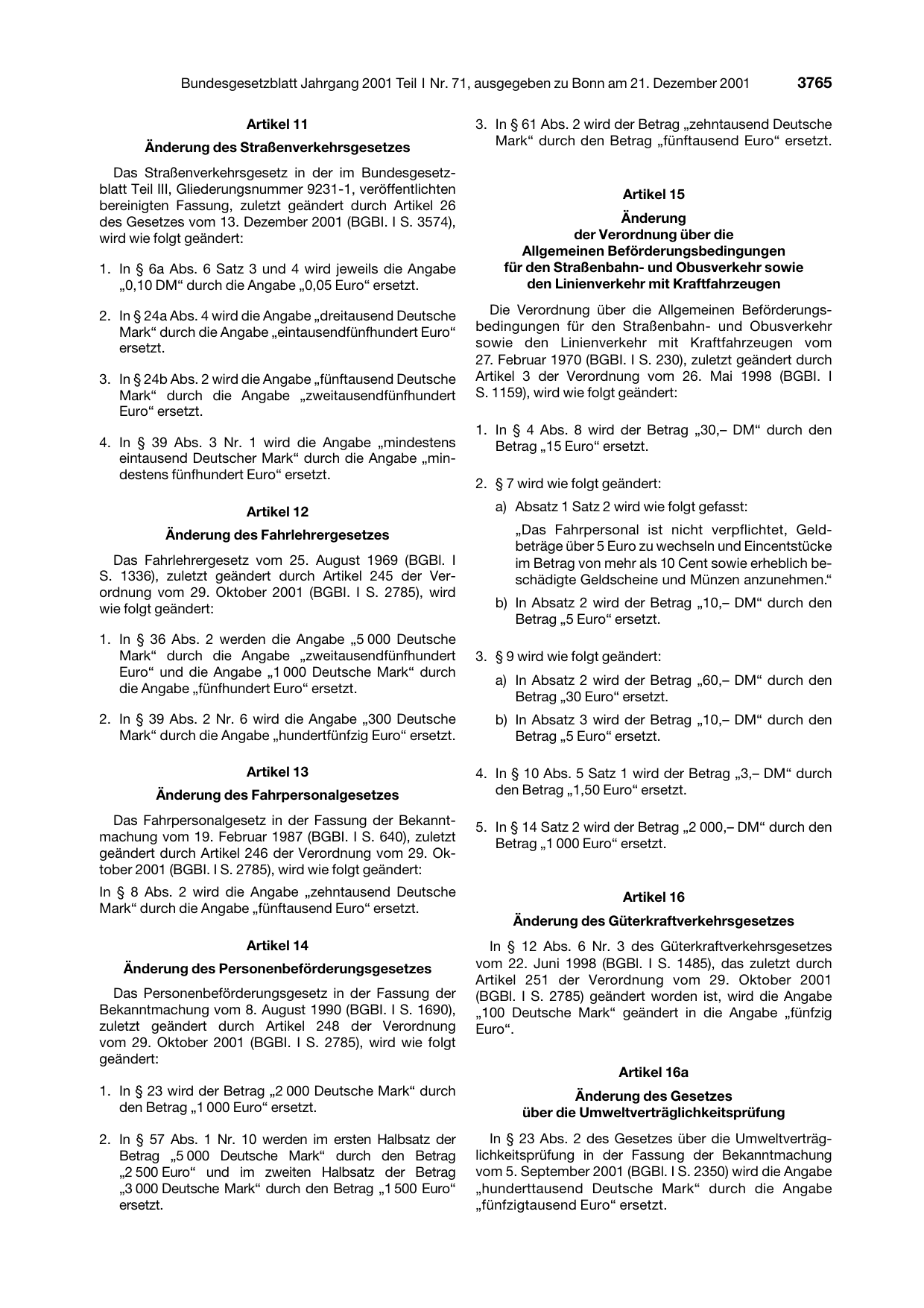 BGBl. 2001, Seite 3765 — Originalseite als Abbildung