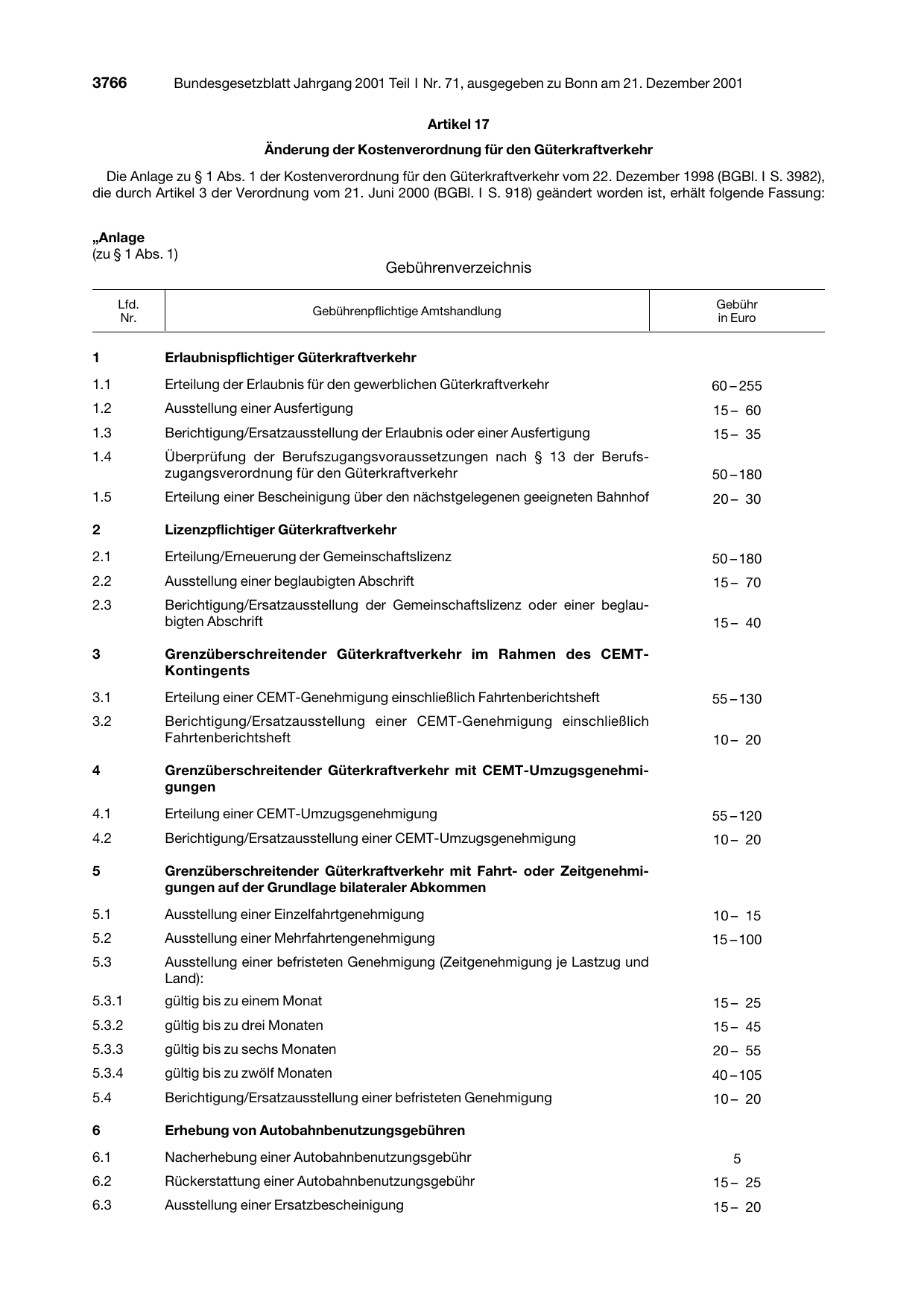 BGBl. 2001, Seite 3766 — Originalseite als Abbildung