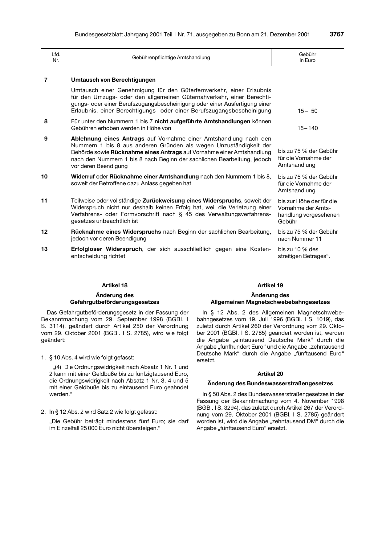 BGBl. 2001, Seite 3767 — Originalseite als Abbildung