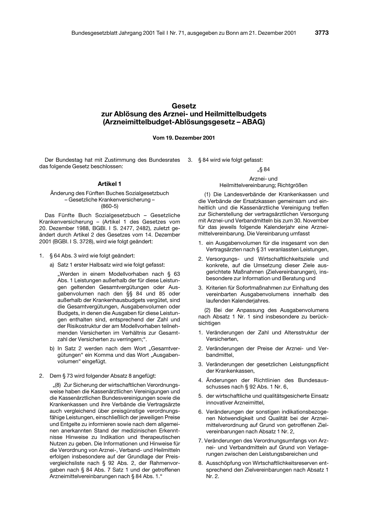 BGBl. 2001, Seite 3773 — Originalseite als Abbildung