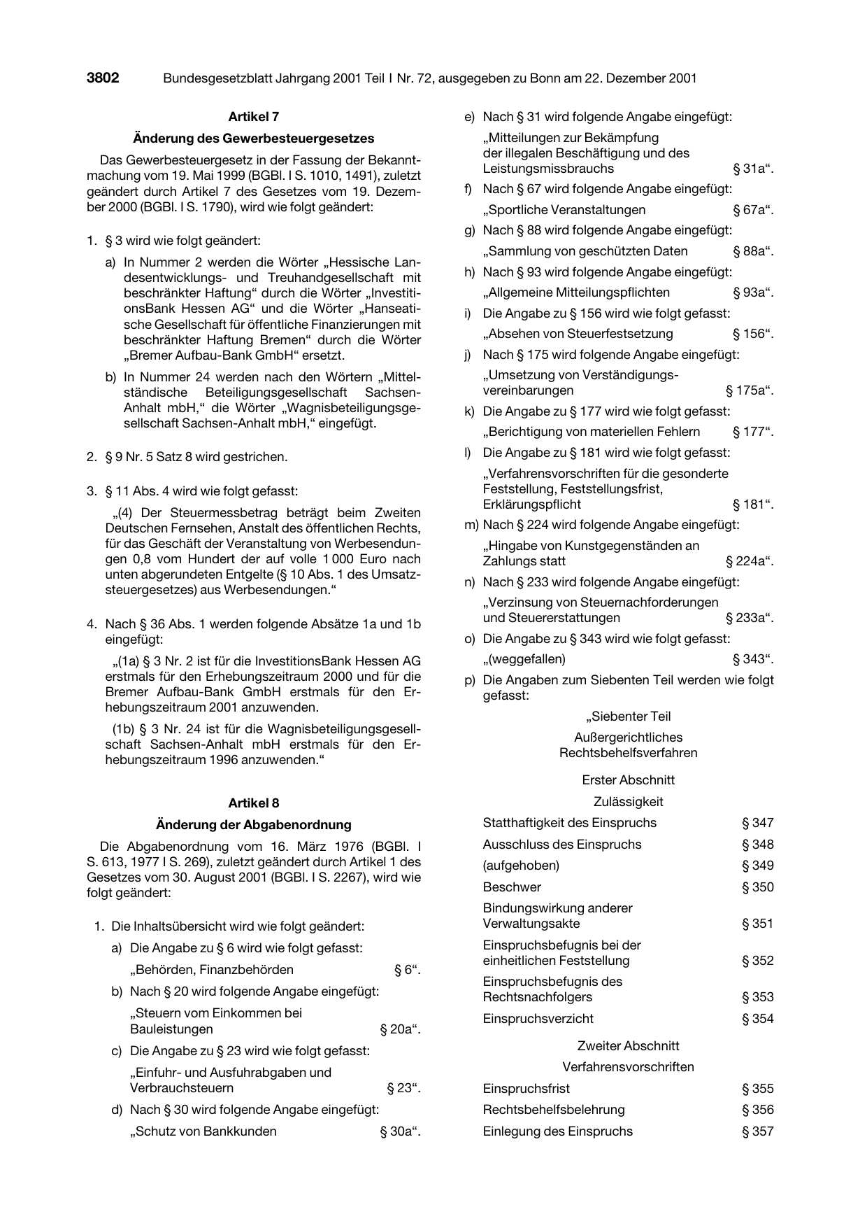BGBl. 2001, Seite 3802 — Originalseite als Abbildung