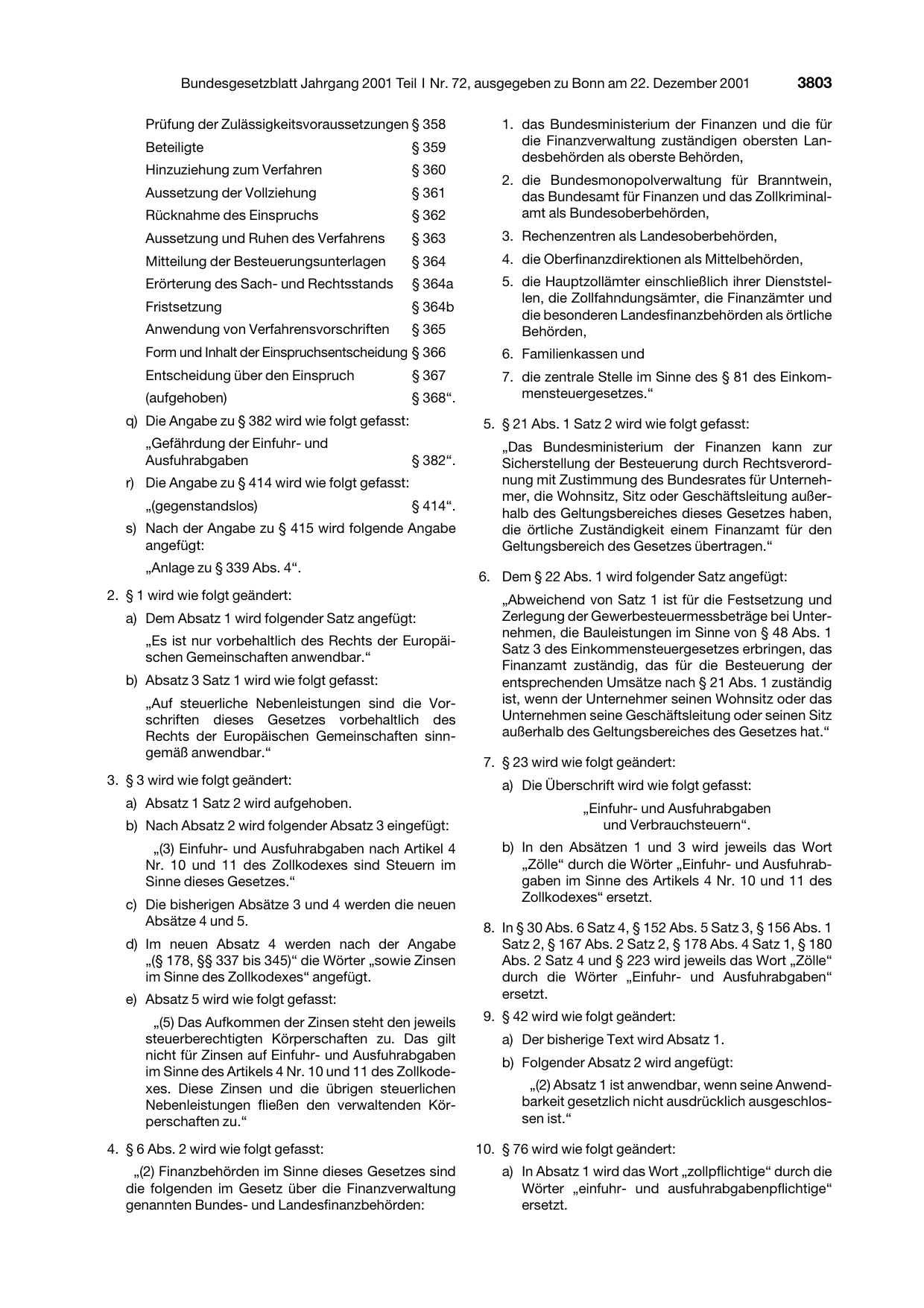 BGBl. 2001, Seite 3803 — Originalseite als Abbildung