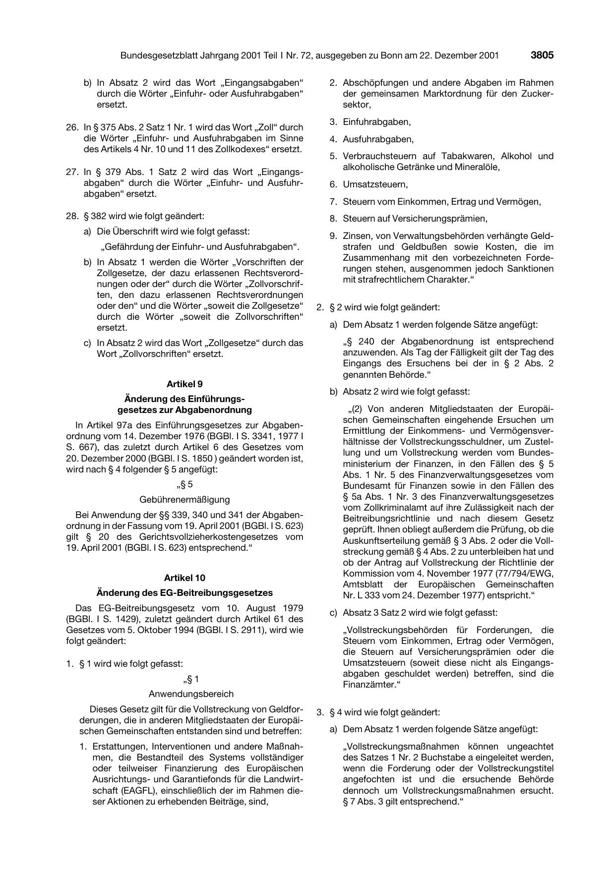 BGBl. 2001, Seite 3805 — Originalseite als Abbildung