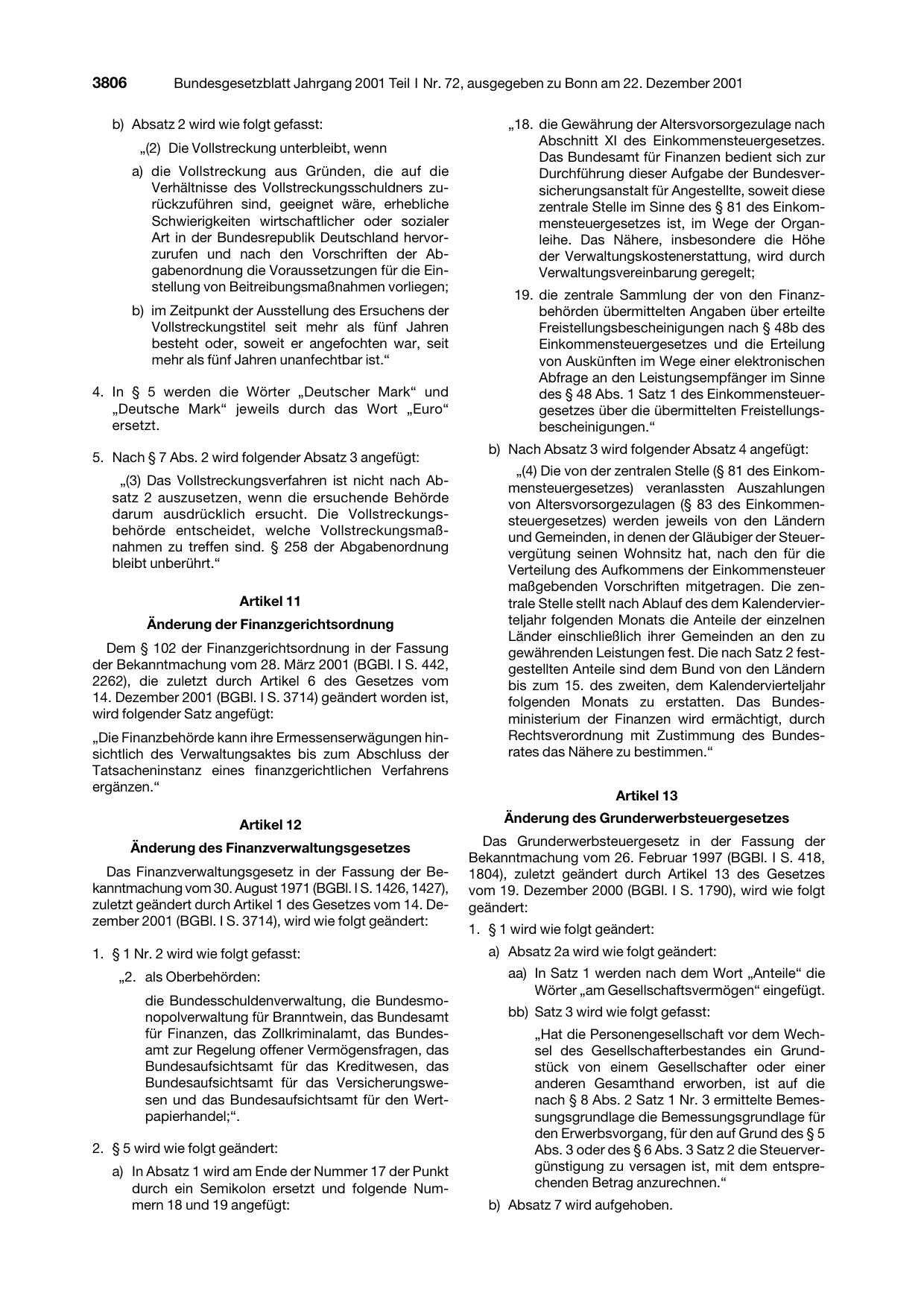 BGBl. 2001, Seite 3806 — Originalseite als Abbildung